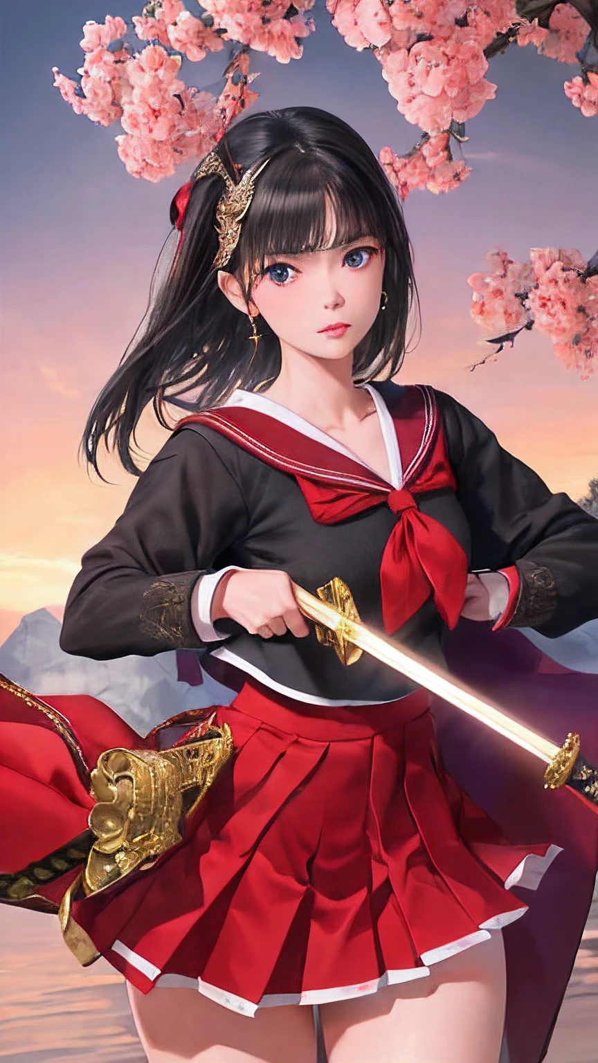 1girl, looking at viewer,  serafuku, pleated skirt,  holding sword,
masterpiece, best quality, 8k, detailed skin texture, detailed cloth texture,  beautiful detailed face, intricate details, ultra detailed