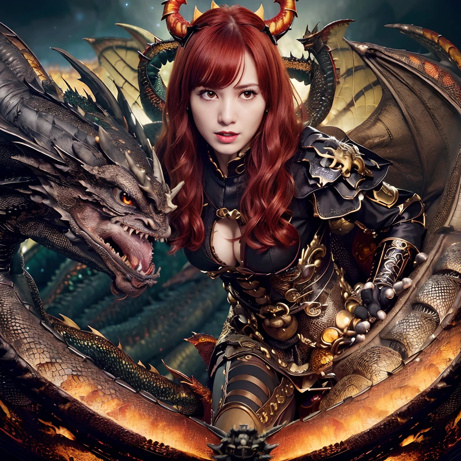 (The Ultimate Beauty Face), Professional , ​masterpiece、top-quality、photos realistic , depth of fields （Gemstone Black Metal Body:1.4),(Matte Black、（cleavage of the breast）、Dragon Gold Weapon,Mystical expression、Particles of light、((((Fight dragons)))、（Dragon Metal Body:1.４),Gorgeous Silver Weapons ,（（ Dragon's dense and gorgeous sword）） , Beautiful knife   ,warhammer 40k , adepta sororitas,Detail and gorgeous crown、（（Red hair））、（Castle background）、、（（Gangle's forest background））、Beautiful Caucasian beauty、１a person、dynamic ungle,(((Detailed and ornate Black Devil Crown)))、Smaller head、A smile、Castle background、Thin and beautiful female hands、cleavage of the breast、Soldier in iron armor on background、Mystical expression、Light Effects、intense fighting、Wind-effect、magic circles、With the legendary magic wand、（demonic wings）、