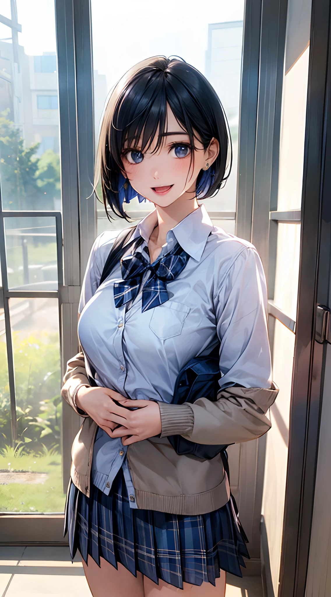 (masterpiece:1.2, top-quality), (realistic, photorealistic:1.4), beautiful illustration, 
looking at viewer, cowboy shot, front view:0.8, 
1 girl, japanese, high school girl, blue hair, (short hair:1.4), bob cut, bangs, hair between eye, blue eyes, large breasts:1.0, 
beautiful hair, beautiful face, beautiful detailed eyes, beautiful clavicle, beautiful body, beautiful chest, beautiful thigh, beautiful legs, beautiful fingers, 
(beautiful scenery), dawn, classroom, desks, chairs, curtains, 
((collared shirt, white shirt, school uniform, light blown cardigan, blue plaid pleated skirt, blue plaid bow tie)), white panties, backpacks, cross earrings, 
standing, walking, 
smile, open mouth, hands on waist,