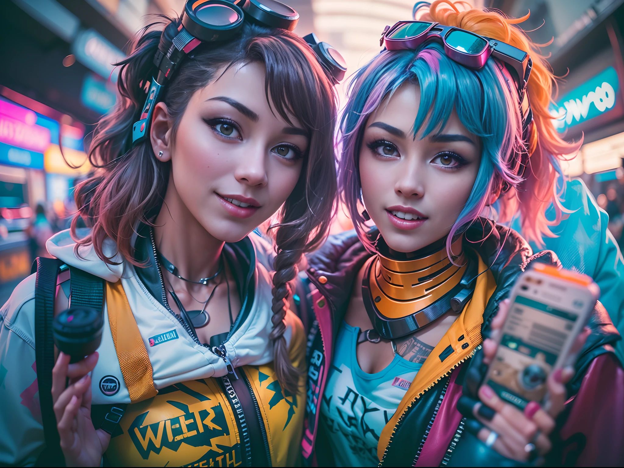 ((2 cyberpunk girls wearing colorful Harajuku style pop outfit)), ((((fisheye lens)))), cowboy shot, wind, messy hair, ((cyberpunk 2077 cityscape)), (cyberpunk aesthetics and atmosphere:1.3), bright colors, smiling, ((cinematic lighting))