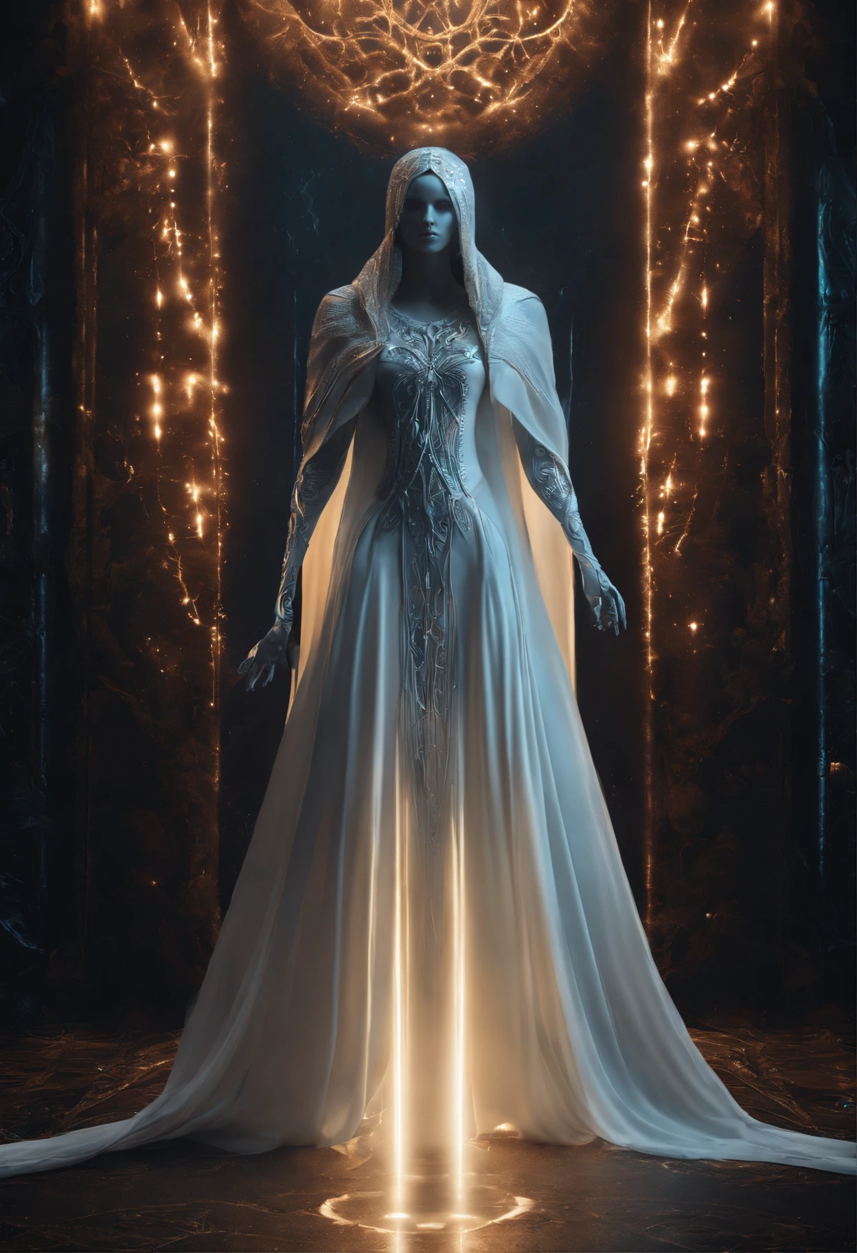 the ghost of the inner soul traslucid as a thin cloth 8k tv cinematic Cosmic Fallen Angel, olhos claros brilhantes, bio-mechanical, misterioso, assustador, pesadelo, cores muito brilhantes, light particules, com luz brilhante, Mshiff, arte de papel de parede, papel de parede UHD  Cosmic Fallen Angel, glowing light eyes, Biomechanical, eerie, Creepy, nightmarish, Very bright colors, Light particles, with light glowing, Mshiff, wallpaper art, UHD wallpaper