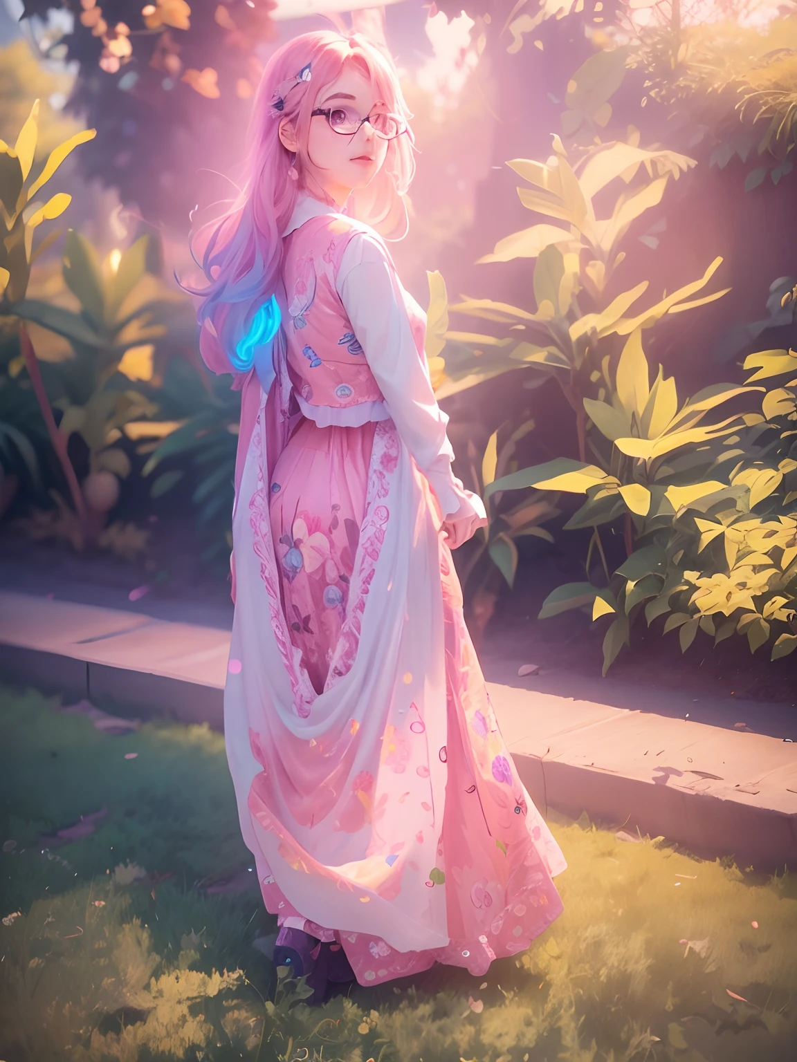 Animation girl soft hair colourfull outfit neon background clear face 8k