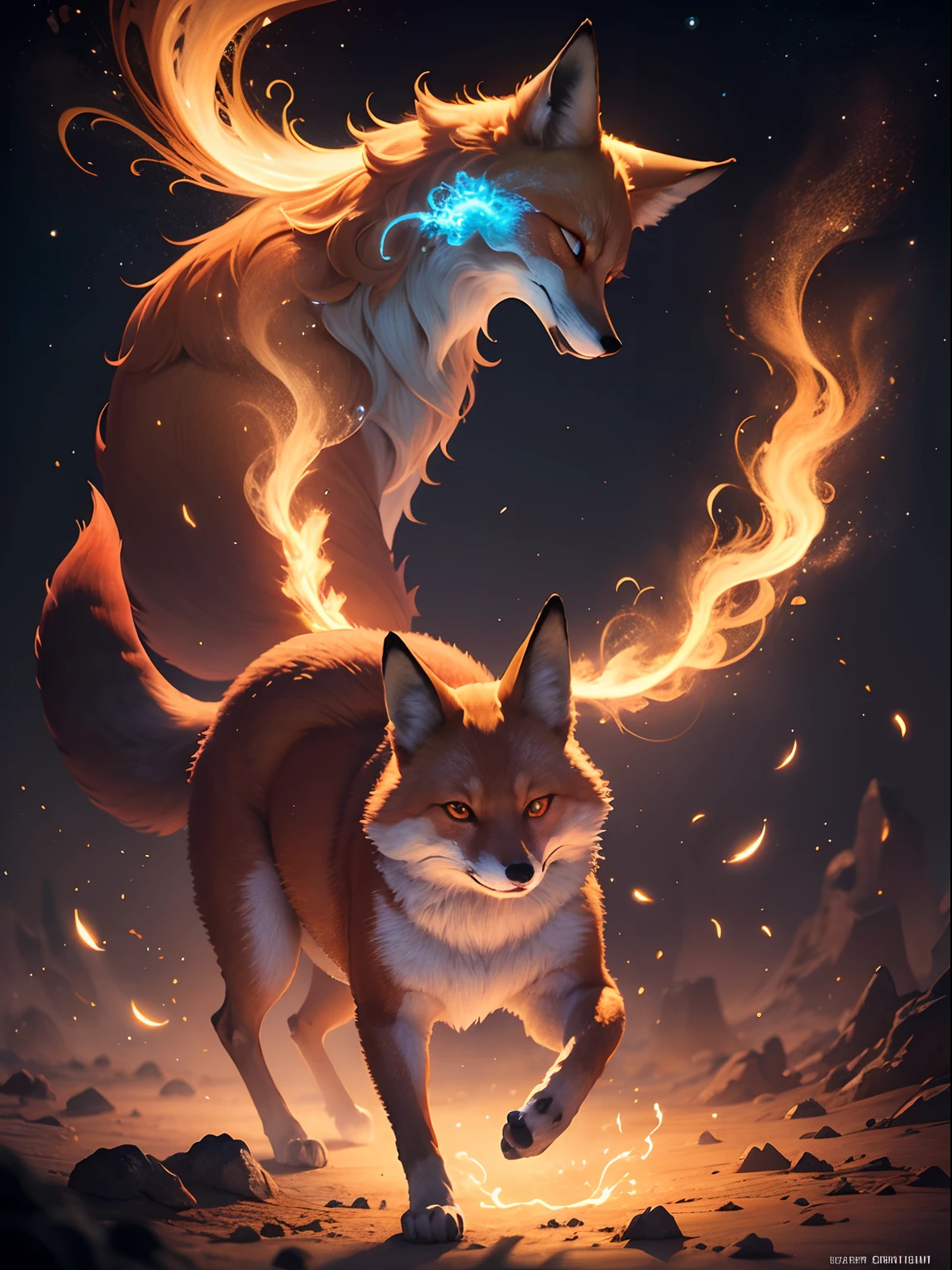 "Enchanting night scene with a Japanese featuring a captivating glowing 9-tailed mythological fox surrounded by mesmerizing particles of light, sparks and an impressive light effect. Nenhum ser humano presente."