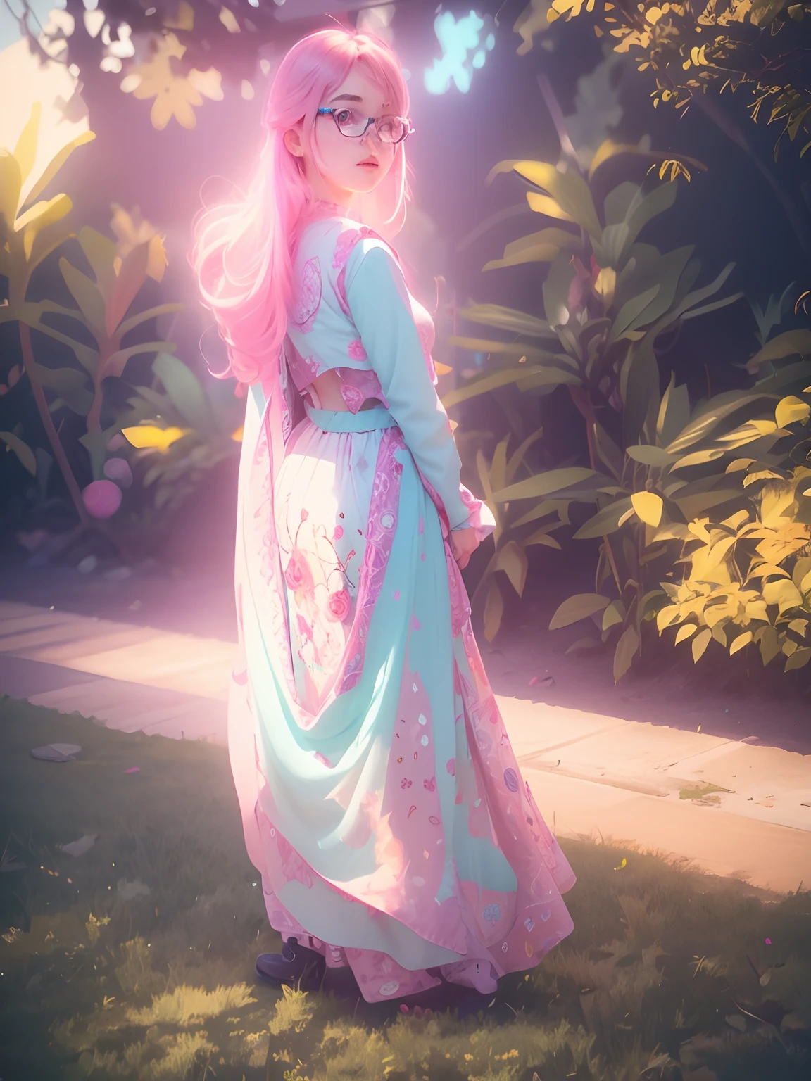 Animation girl soft hair colourfull outfit neon background clear face 8k