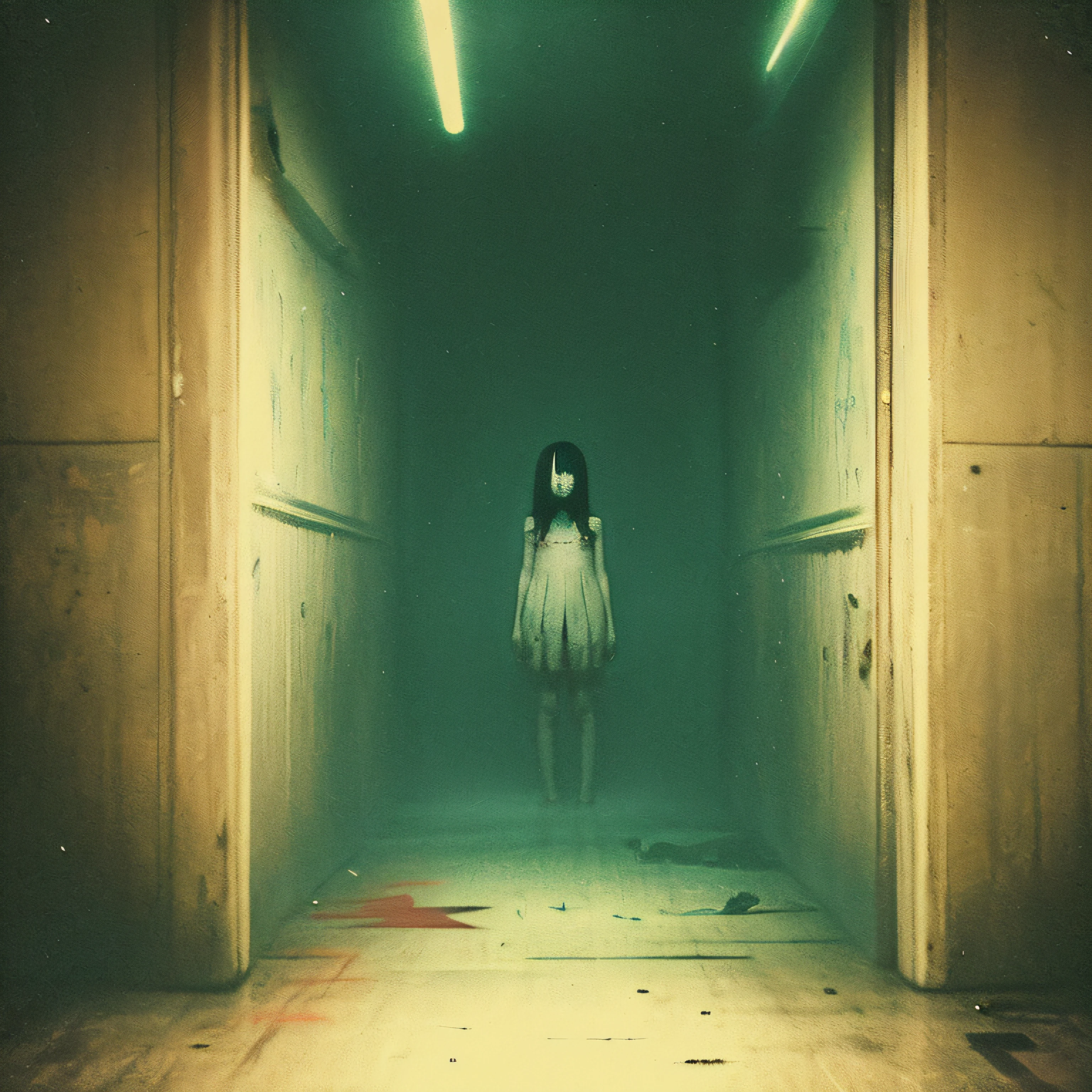 creepypasta monster girl inside a liminal space of nightmares in a dark warehouse, dynamic lighting, photorealistic, trending on art station, stunning visuals, foggy, creative, cinematic, ultra detailed, atmospherical, ambient lighting, scary art, bad quality, heavy film grain, desaturated, orange teal hue