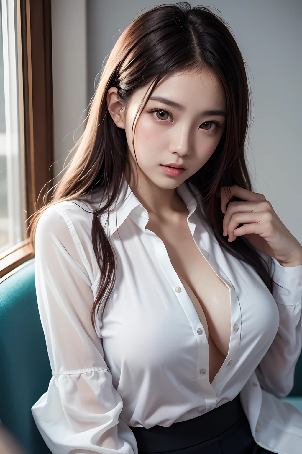 Best Quality Detail:1.2, realisitic, in 8K,UHD, hight resolution, The ultra-detailliert, High quality textures, intricate detailes, detaileds, Very detailed CG, High quality shadows, Detail Beautiful delicate face, Detail Beautiful delicate eyes, depth of fields, Ray traching, Women over 24 years old,There is a woman sitting at a desk in office, Gorgeous young Korean woman, (((beautiful expression))),(((big eye))),(((Beautiful eyes))),(((long lashes))),((Beautiful teeth alignment)),Korean Girl, gorgeous chinese model, beautiful Korean women, Korean Woman, Beautiful young Korean woman,tits out,Chest cleavage,nippleless,wearing in shirt, Wearing a blouse, in a white shirt, goddess of Japan, Smooth white tight clothes suit, Office Clothes, korean female fashion model, in a white shirt,Cameltoe,Photorealsitic:1.4, ultra-detailliert, photos realistic, Full Color RAW Photos, Fuji Film(Medium format:1.2), Hasselblad:1.2, Carl zeiss:1.1, Incredible dynamic range photography(UTIL_Art by Smoose-768:1.1), hight resolution, High pixel count, clear details, crisp image, Natural color reproduction, Noise Reduction, High fidelity, qulity, Software Improvements, Upscaling, Optimized algorithms, Pro-level retouching、