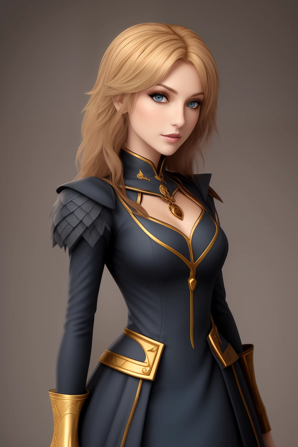 Fantasy character.  Woman with golden brown hair, gray-blue eyes and is wearing a black dress with gold details.
