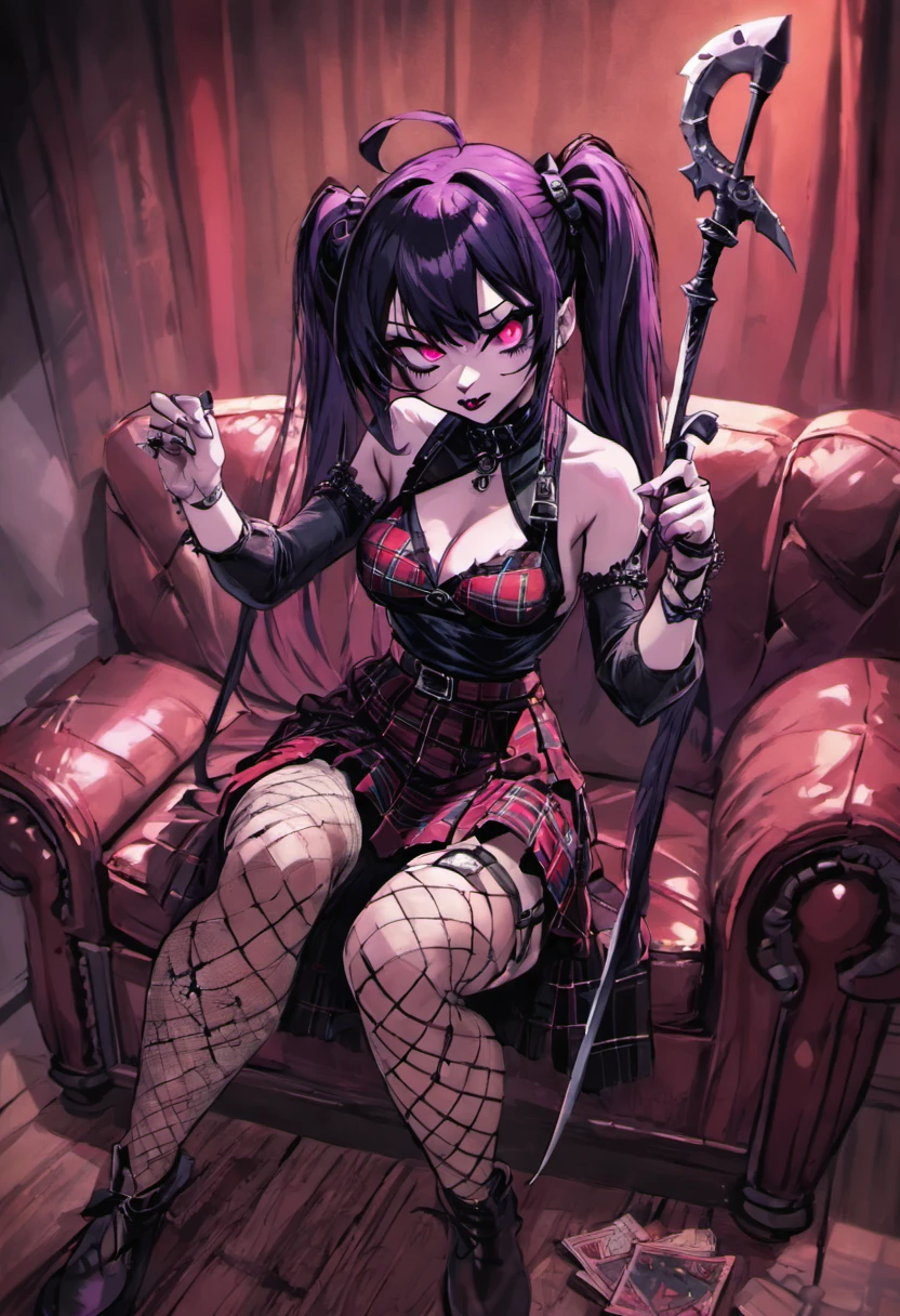 there is a woman sitting on a couch with a knife in her hand, burlesque psychobilly, dressed in crustpunk clothing, fishnets and a long tartan skirt, gothcore, inspired by Nan Goldin, taken in 2 0 2 0, gothic horror vibes, elvira in tattered clothes, profile image, cybergoth, iren horrors, alluring and terrifying