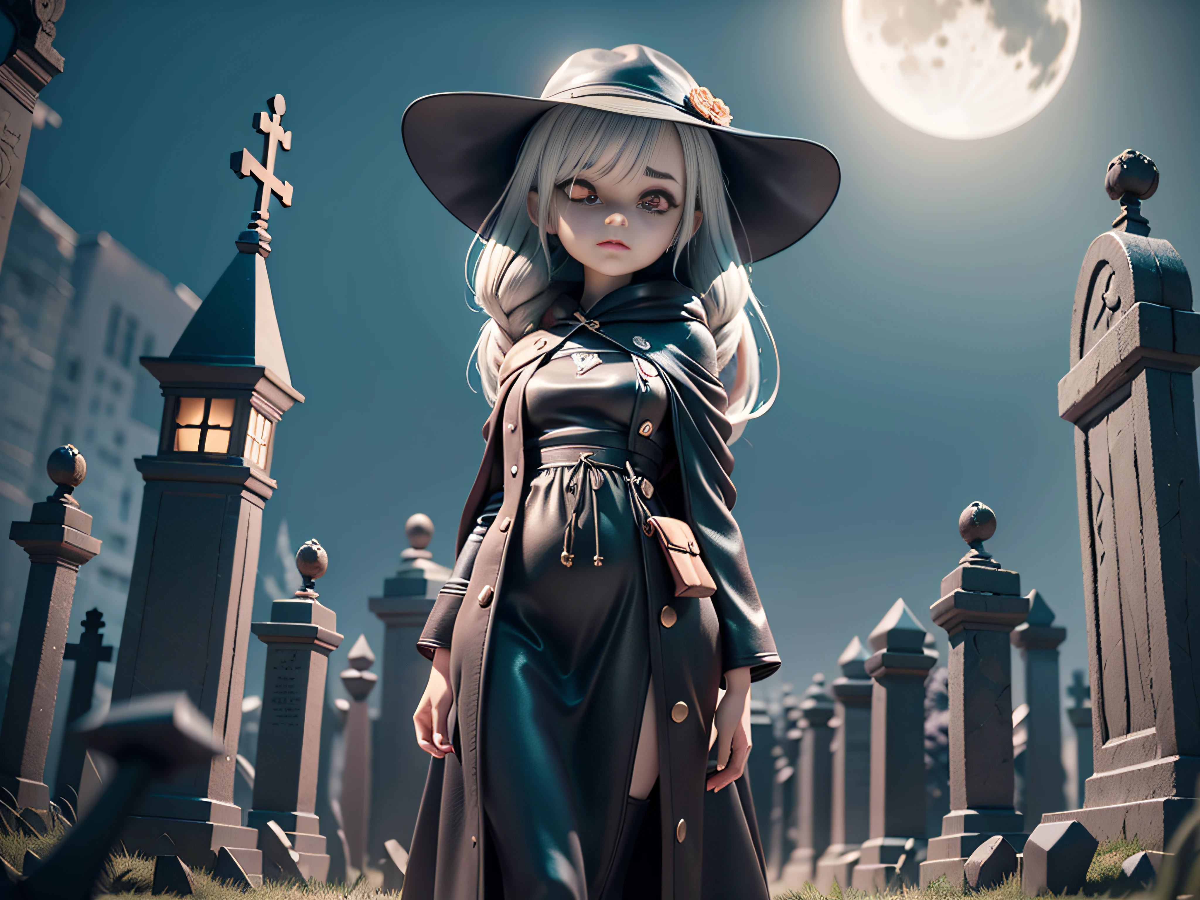 A cartoon character in a robe an cloak of black snakes, female zombie mini girl, walking through a graveyard, full moon at night, stark evil dark creepy atmosphere, animation style rendering, small characters. Unreal Engine 5, stylized anime, cute detailed digital art, Atey Ghailan 8 K, stylized 3D rendering, surreal rendering, anime style 3D