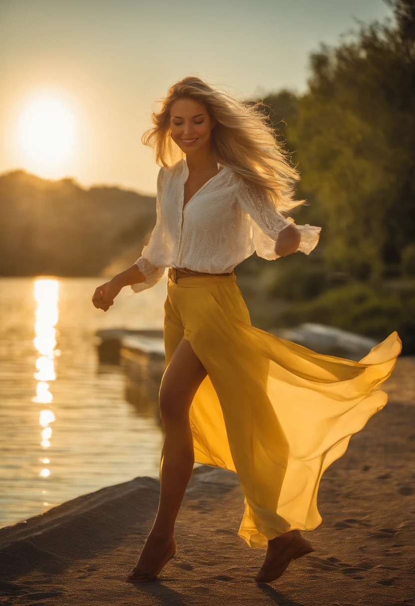 A 23-year-old blonde woman, cabello rubio corto, volando al viento, Caminando en un parque,viste pantalones cortos y una camisa amarillo, Sunlight from behind, Obra maestra, foto real, Ultra HD, y un lago al fondo