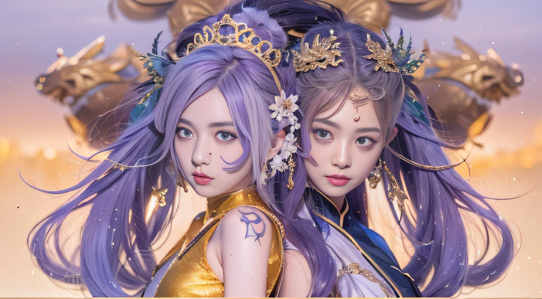32K（tmasterpiece，k hd，hyper HD，32K）Long flowing bright purple hair，Autumn Pond，zydink， a color， Asian people （Silly girl）， （Silk scarf）， Combat posture， looking at the ground， long whitr hair， Floating bright purple， Fire cloud pattern gold tiara， Chinese long-sleeved gold silk garment， （abstract ink splash：1.2）， smoky background，Lotus protector（realisticlying：1.4），Bright purple hair，Smoke on the road，The background is pure， A high resolution， the detail， RAW photogr， Sharp Re， Nikon D850 Film Stock Photo by Jefferies Lee 4 Kodak Portra 400 Camera F1.6 shots, Rich colors, ultra-realistic vivid textures, Dramatic lighting, Unreal Engine Art Station Trend, cinestir 800，Long flowing bright purple hair