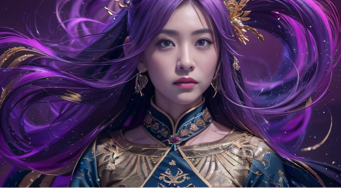 32K（tmasterpiece，k hd，hyper HD，32K）Long flowing bright purple hair，Autumn Pond，zydink， a color， Asian people （Silly girl）， （Silk scarf）， Combat posture， looking at the ground， long whitr hair， Floating bright purple， Fire cloud pattern gold tiara， Chinese long-sleeved gold silk garment， （abstract ink splash：1.2）， smoky background，Lotus protector（realisticlying：1.4），Bright purple hair，Smoke on the road，The background is pure， A high resolution， the detail， RAW photogr， Sharp Re， Nikon D850 Film Stock Photo by Jefferies Lee 4 Kodak Portra 400 Camera F1.6 shots, Rich colors, ultra-realistic vivid textures, Dramatic lighting, Unreal Engine Art Station Trend, cinestir 800，Long flowing bright purple hair