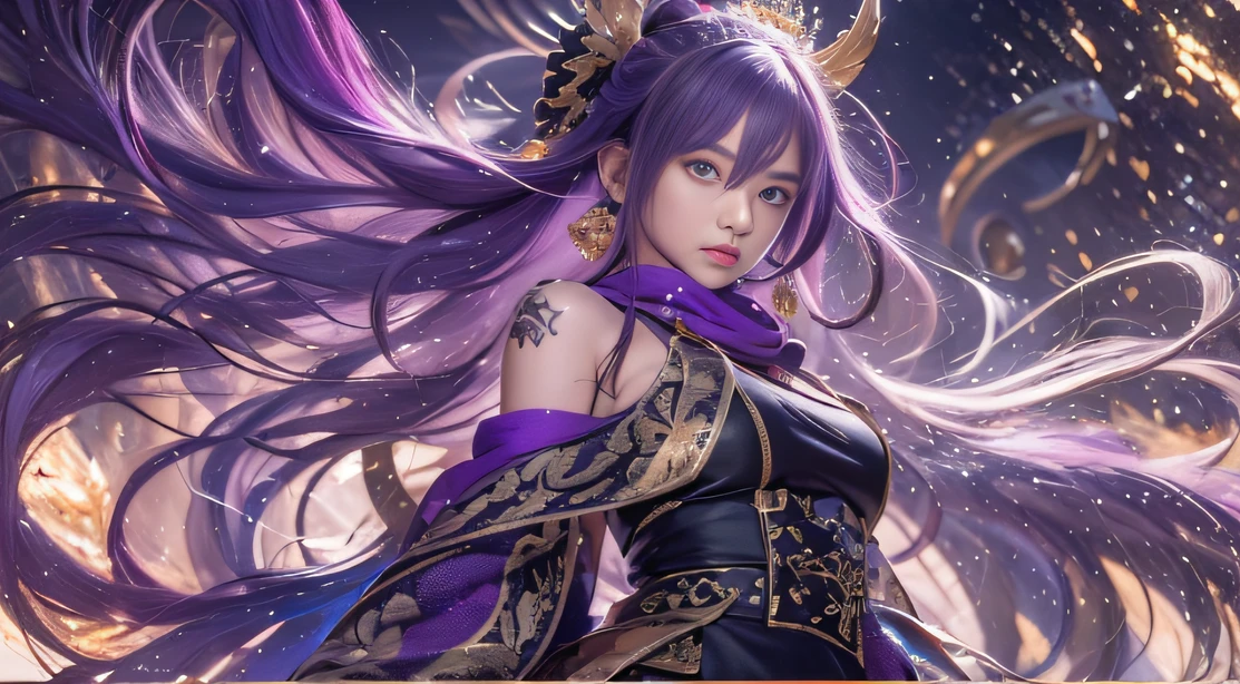 32K(tmasterpiece,k hd,hyper HD,32K)Long flowing bright purple hair,Autumn Pond,zydink, a color, Asian people (Silly girl), (Silk scarf), Combat posture, looking at the ground, long whitr hair, Floating bright purple, Fire cloud pattern gold tiara, Chinese long-sleeved gold silk garment, (abstract ink splash:1.2), smoky background,Lotus protector(realisticlying:1.4),Bright purple hair,Smoke on the road,The background is pure, A high resolution, the detail, RAW photogr, Sharp Re, Nikon D850 Film Stock Photo by Jefferies Lee 4 Kodak Portra 400 Camera F1.6 shots, Rich colors, ultra-realistic vivid textures, Dramatic lighting, Unreal Engine Art Station Trend, cinestir 800,Long flowing bright purple hair