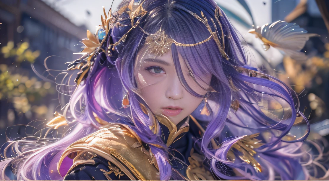 32K(tmasterpiece,k hd,hyper HD,32K)Long flowing bright purple hair,Autumn Pond,zydink, a color, Asian people (Playful girl), (Silk scarf), Combat posture, looking at the ground, long whitr hair, Floating bright purple, Fire cloud pattern gold tiara, Chinese long-sleeved gold silk garment, (abstract ink splash:1.2), smoky background,Lotus protector(realisticlying:1.4),Bright purple hair,Smoke on the road,The background is pure, A high resolution, the detail, RAW photogr, Sharp Re, Nikon D850 Film Stock Photo by Jefferies Lee 4 Kodak Portra 400 Camera F1.6 shots, Rich colors, ultra-realistic vivid textures, Dramatic lighting, Unreal Engine Art Station Trend, cinestir 800,Long flowing bright purple hair