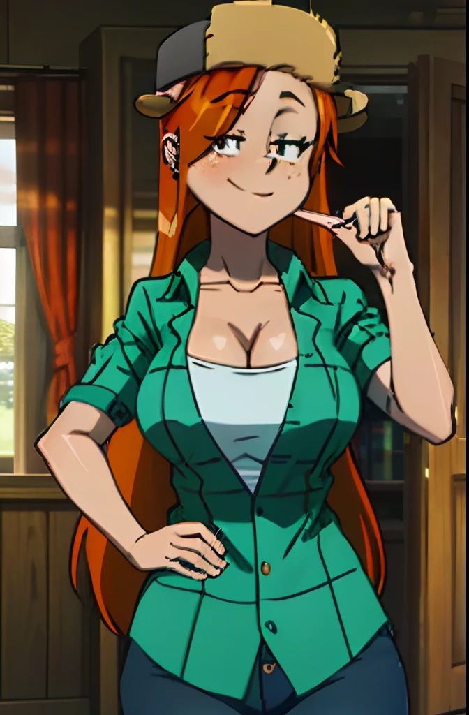 wendy corduroy, masterpiece, best quality, 1girl, solo, hat, long hair, shirt, smile, orange hair, freckles, earrings, jewelry, green shirt, collared shirt, indoors,huge breasts,upper body,((16k 1.8))