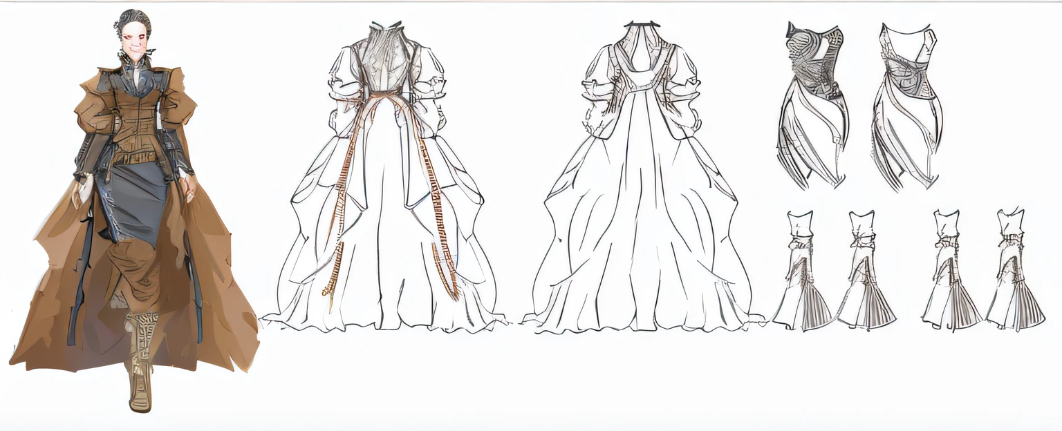 A painting of a woman in a dress, clothing concept, clothing design, stylised military clothes, clothing design, Tech coat, very detailed and rich clothing, Coveralls, Leather hunting clothing, costume desig, Cypherpunk fashion illustration, Highly detailed clothing, fashionable rpg clothing, clothing design, baggy clothing and hat, clear outfit design