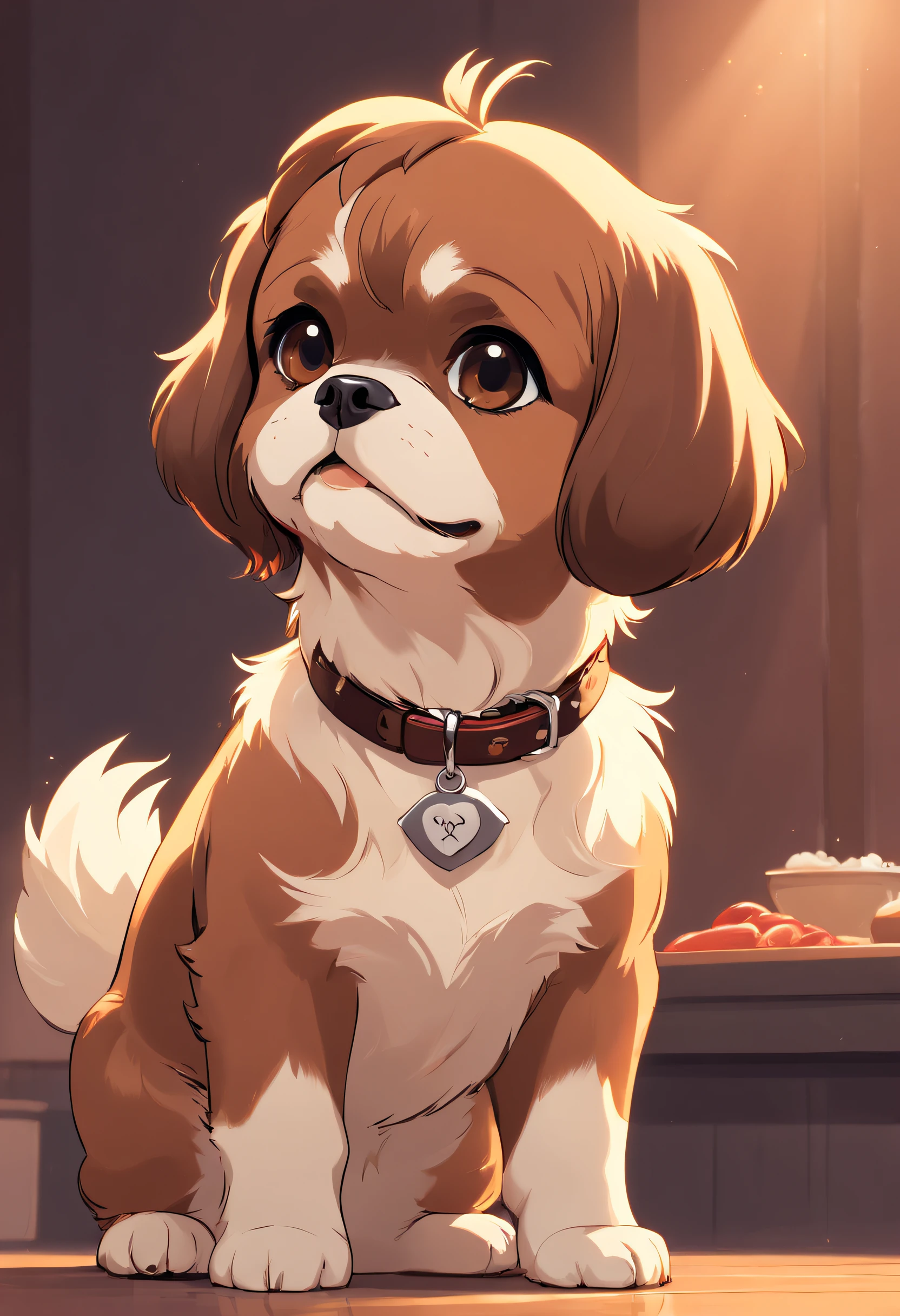 collar with bones on the neck,, Shih Tzu puppy dog sausage, vector, vector illustrations, Dark brown, Background Claro