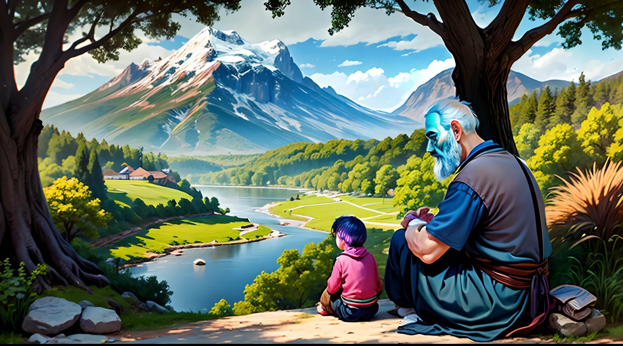 An old wise man and a two  young boy  sitting under oak tree,focus on centre ,wall clock attach on oak tree,background mountain,forest,river,nature,8 k,oil painting