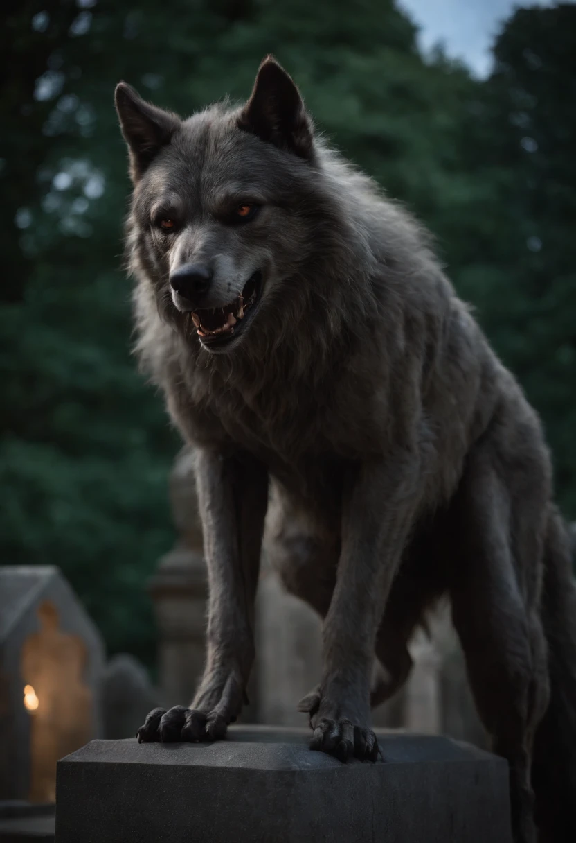 Werewolf in cemetery on full moon night; imagem em alta qualidade, estilo um lobisomem americano em Londres
