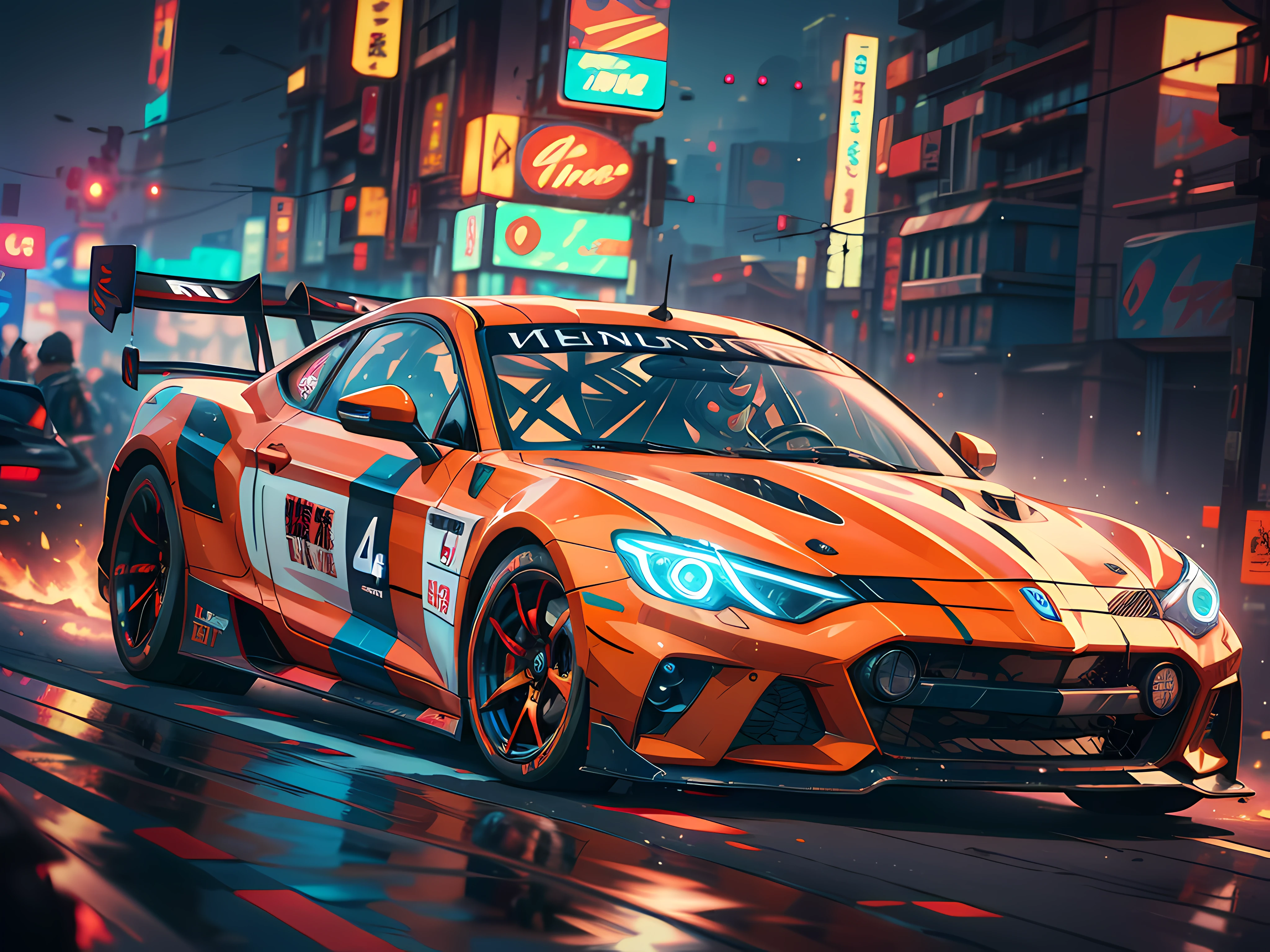 Best quality, masterpiece, ultra high res, Capture the adrenaline-fueled excitement of a sleek, high-performance racing car dripping, red, blue, fires, neon light, dust, full car show, from side, cyberpunk racing car, tokyo cyberpunk night,Detailed,Realistic,4k highly detailed digital art,octane render, bioluminescent, BREAK 8K resolution concept art, realism,by Mappa studios,masterpiece,best quality,official art,illustration,ligne claire,(cool_color),perfect composition,absurdres, fantasy,focused,rule of thirds,
