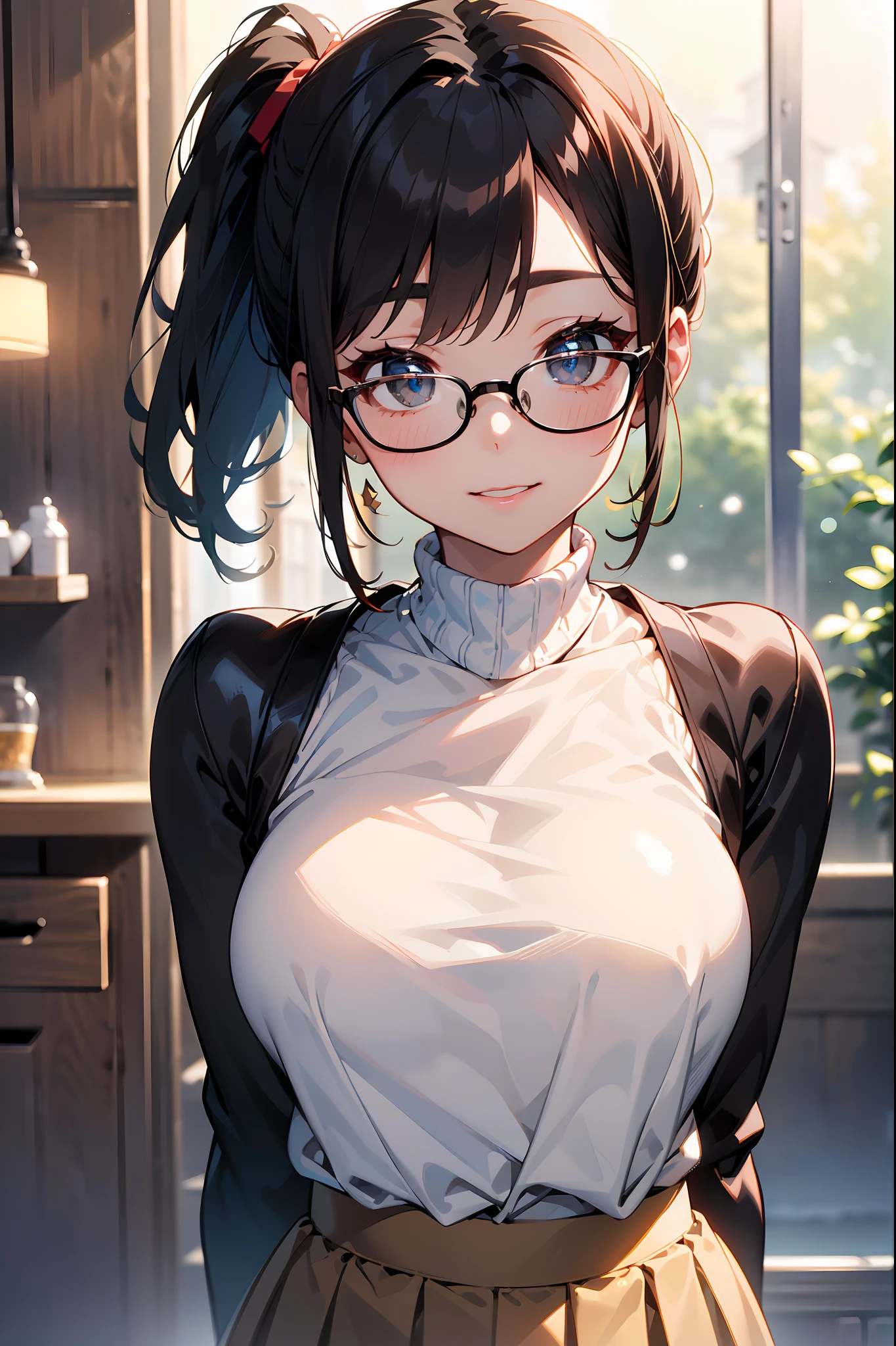 high resolution, Detailed photos of beautiful women_face, Young and handsome girl,Realistic:0.5, Perfect skin, (wears glasses:1.5), (Ultra-detailed background, Detailed background), Bokeh, make happy expressions, happy emotion, Gorgeous,Pure, BeautyFull detailed face and eyes,Breasts, (Black eyes:1.1), (Audrey Hepburn:1.3), (A very beautiful and beautiful Japanese woman), (Sexy girl), (Professional attire:1.3), (22 years old: 1.1), Break, (blue turtleneck:1.2, longer sleeves:1.2), (Beige pleated skirt:1.2), (Leather boots))), cleavage, beautiful detailed skin, (Cute:1.2), (Blonde hair), ((Jpop idol)), (upper thigh:0.6), (Depth of field),Soft light, The lens glows,looking at viewert, (Drooping eyes:1.2), Straight teeth,Smile, Floating hair, (blond hairbl:1.2), Brown eyes break scenes, Cinematic, full-color, 4K, 8K, 16k, RAW photo, Masterpiece, professional color graded, Professional photography, High school girl, Hair up, , Soft and clear focus, photorealistic illumination and shadowing, (extremely delicate and beautiful art)1.3, elegant,Effective angle,Vitality constitutes a breakthrough (pony tails:1.3), (Shiny black thinning hair:1.2), bangs, Dark brown eyes, Beautiful eyes, Princess Eyes, (Big eyes:1.3), bangs, wears glasses:1.3, hair between eye, Short hair:1.3, (Slender:1.1), (mediuml breasts:0.95), (Thin waist: 1.15), (detailed beautiful girl: 1.4), parted lip, Red lips, full makeup, (Shiny skin), ((Perfect female body)), (Upper body image:1.3), Perfect anatomy, Perfect proportions, (The most beautiful Korean actress face:1.3, Extremely cute and beautiful Japanese actress face:1.3), ,(1 Glasses Girl:1.3, Solo), ,(Blush:1.1), Gray background, solofocus, (Bust Up Shot:1.2), Cinematic light, (Nostalgic night view:1.4), (aquariums:1.4), The vibrant glow of neon, Vintage-style carnival rides, (arms back behind :1.4), (view the viewer:1.2