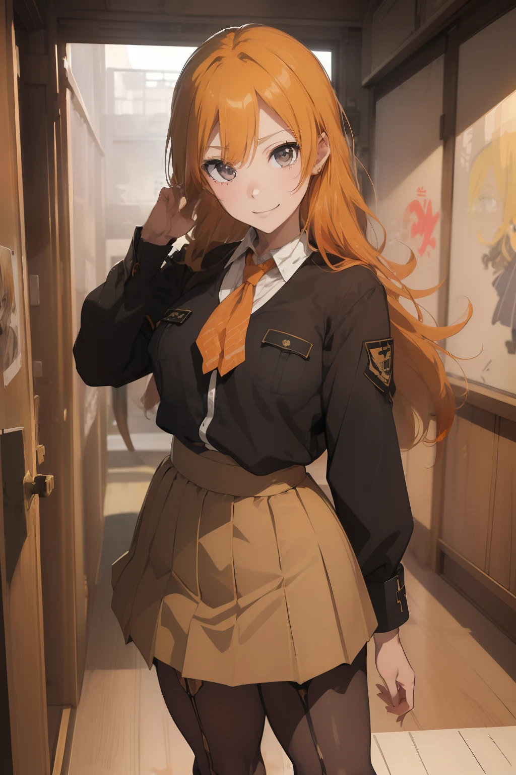 (​masterpiece、top-quality、top-quality、Beautifully Aesthetic:1.2)、ighly detailed、highestdetailed、grey  eyes、orange color hair|Semi-long blonde hair、((military outfits))、(pantyhose)、(Mini skirt)、Matsumoto Rangiku、(long boots)、graffiti art、Look at the viewer、A smile、Bedroom、on the beds、((lift up one's skirt))