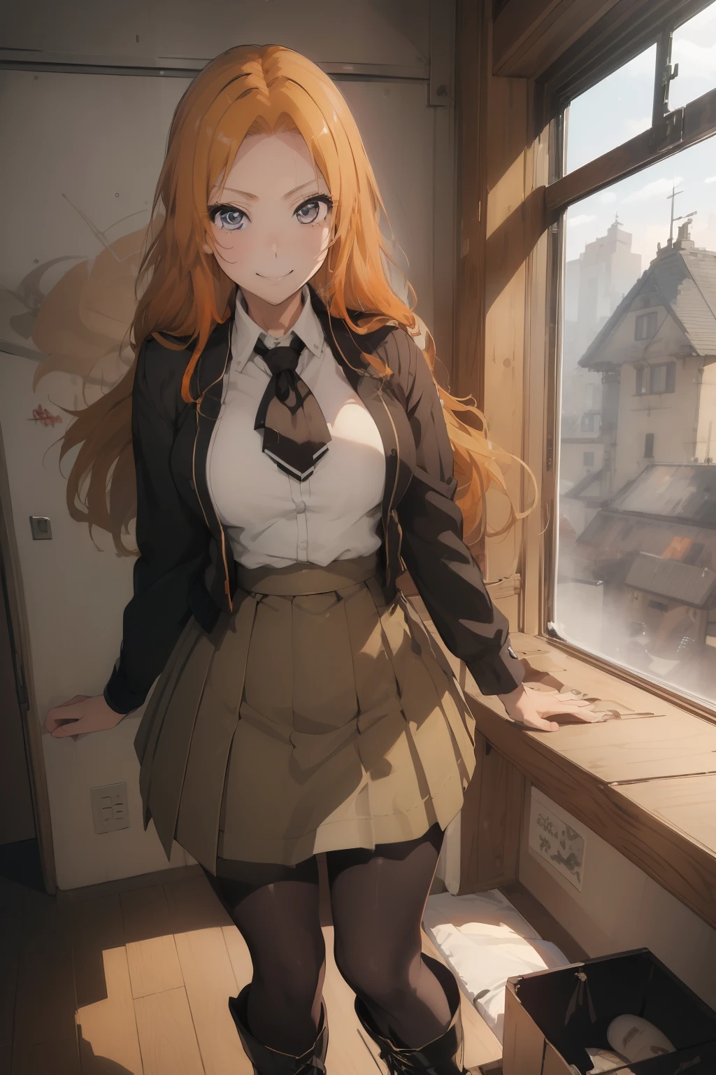 (​masterpiece、top-quality、top-quality、Beautifully Aesthetic:1.2)、ighly detailed、highestdetailed、grey  eyes、orange color hair|Semi-long blonde hair、((military outfits))、(pantyhose)、(Mini skirt)、Matsumoto Rangiku、(long boots)、graffiti art、Look at the viewer、A smile、Bedroom、on the beds、((lift up one's skirt))