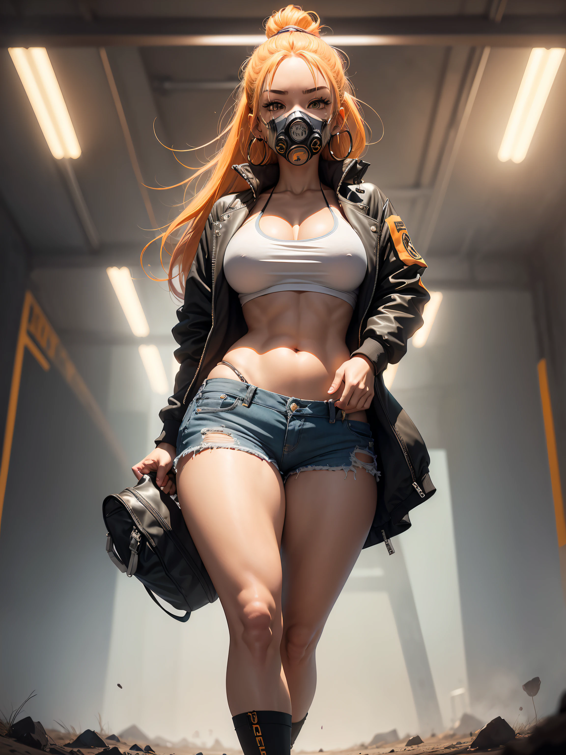 girl with gas mask on her face, long colored hair, orange gas and they see her around, earrings, eyebrow piercing, ripped short shorts, long skit jacket, high top sneakers, sexy body, voluminous body, medium breasts, big ass, belly with muscle, full body, (ultra-realistic), {extremely detailed CG unit 8k wallpaper}, Expansive landscape photography, (a view from below that shows the grandeur of the character, expansive open field view), (low- angle shot), (light: 2.0), (warm light source: 1.5), complex details, (Iridescent colors: 1.5), (bright lighting), (atmospheric lighting), surreal, badass, solo1