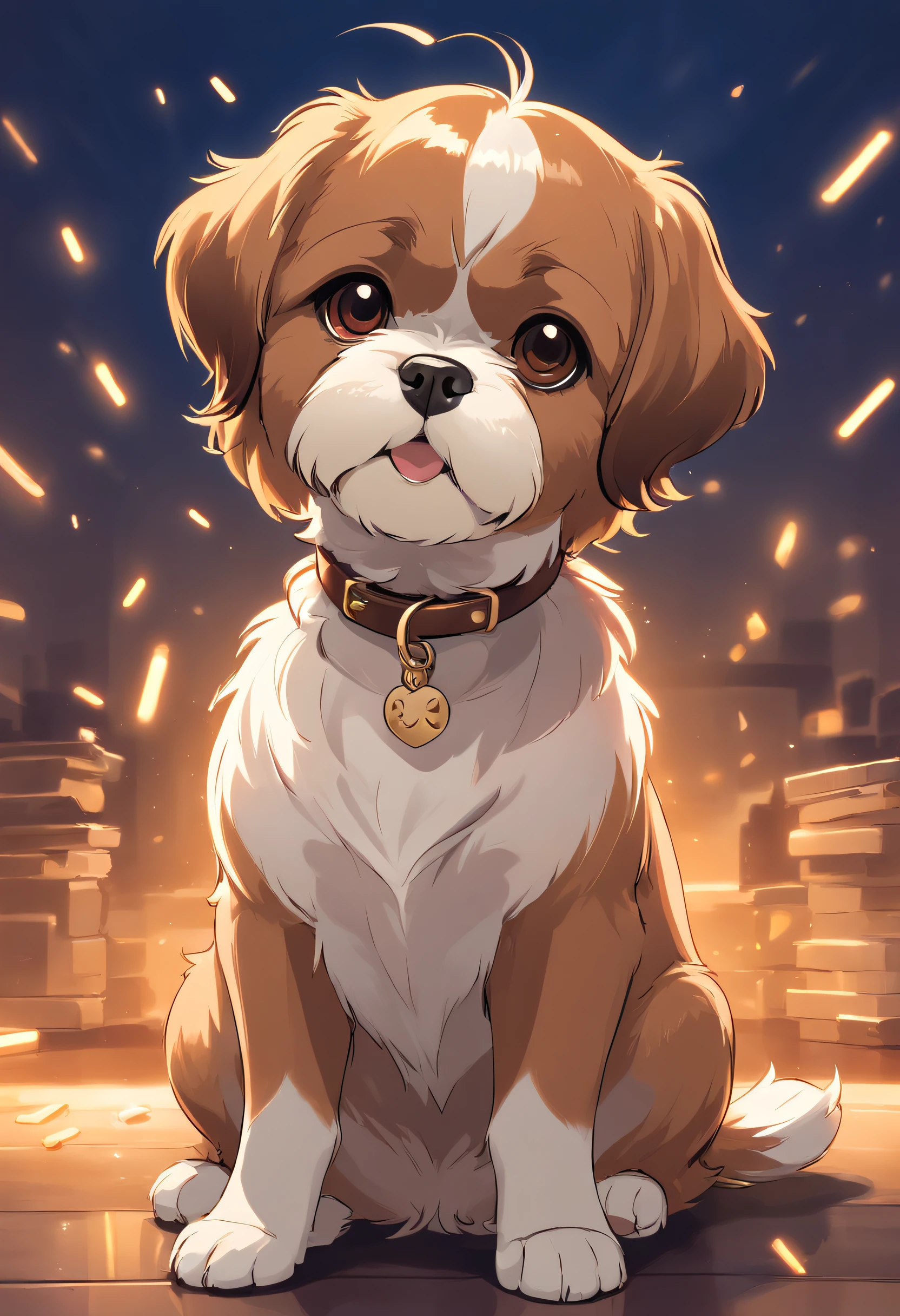 collar with bones on the neck,, Shih Tzu Caramel Puppy Dog Sausage, vector, vector illustrations, Dark brown, Background Claro