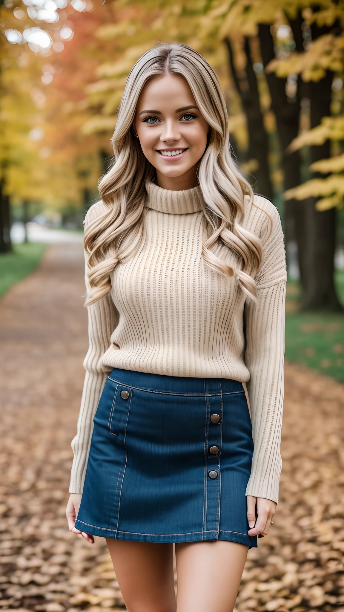 Hyper realistic and detailed full body photo of one young smiling blonde beautiful woman wearing a trendy autumn casual outfit skirt. perfect eyes, (Eye makeup:1.1), (highly detailed skin:1.1), RAW, analog style, sharp focus, 8k UHD, DSLR, high quality, Fujifilm XT3, grain, award winning, masterpiece.