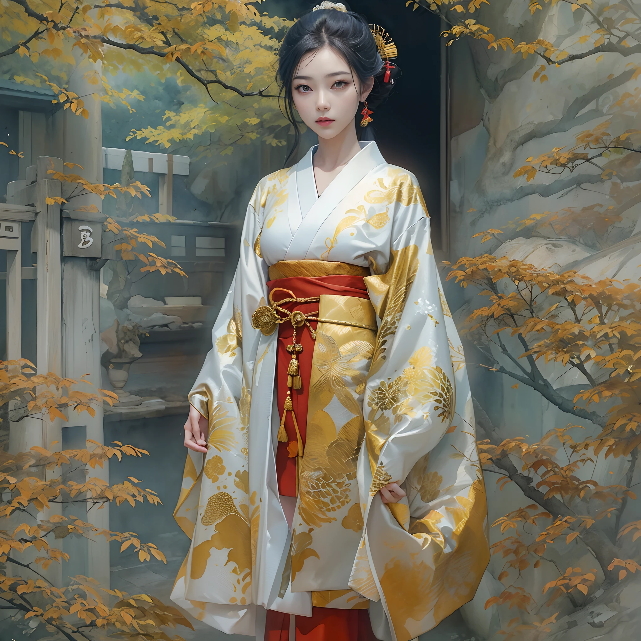 watching at viewers、Background with((The ancient capital of Japan:1.2)And the moon、((dense background))、(Colorful:0.8),,(Solo:1.2), (Ink splashing),(splashes of colour),((watercolor paiting))),BREAK {{{Luxury kimono(Colorful kimono(Detailed golden embroidery,))}}}、face perfect,Depict a beautiful and graceful woman of Japan。(poneyTail:1.5)、Woman with shiny black hair、perfect hand、Heart in the eye。full body Esbian。 Wallpaper 8K, .Blur the background with a sickle,((masutepiece)), ((Best Quality)),epicd(Lige Fries Photography、sony a7、50 millimeters、pores:1.5、Farbe、ultra-detailliert:1.5、film grains:1.4、hyper realisitic:1.5)、octan render、 ultra realistic lifelike textures、masterpiece、unrealengine5、the Extremely Detailed CG Unity 8K Wallpapers、Madly detailed photo、Ultra-realistic light、(Pulitzer Prize for Best Photography、Taylor Wessing Award for Best Photography)