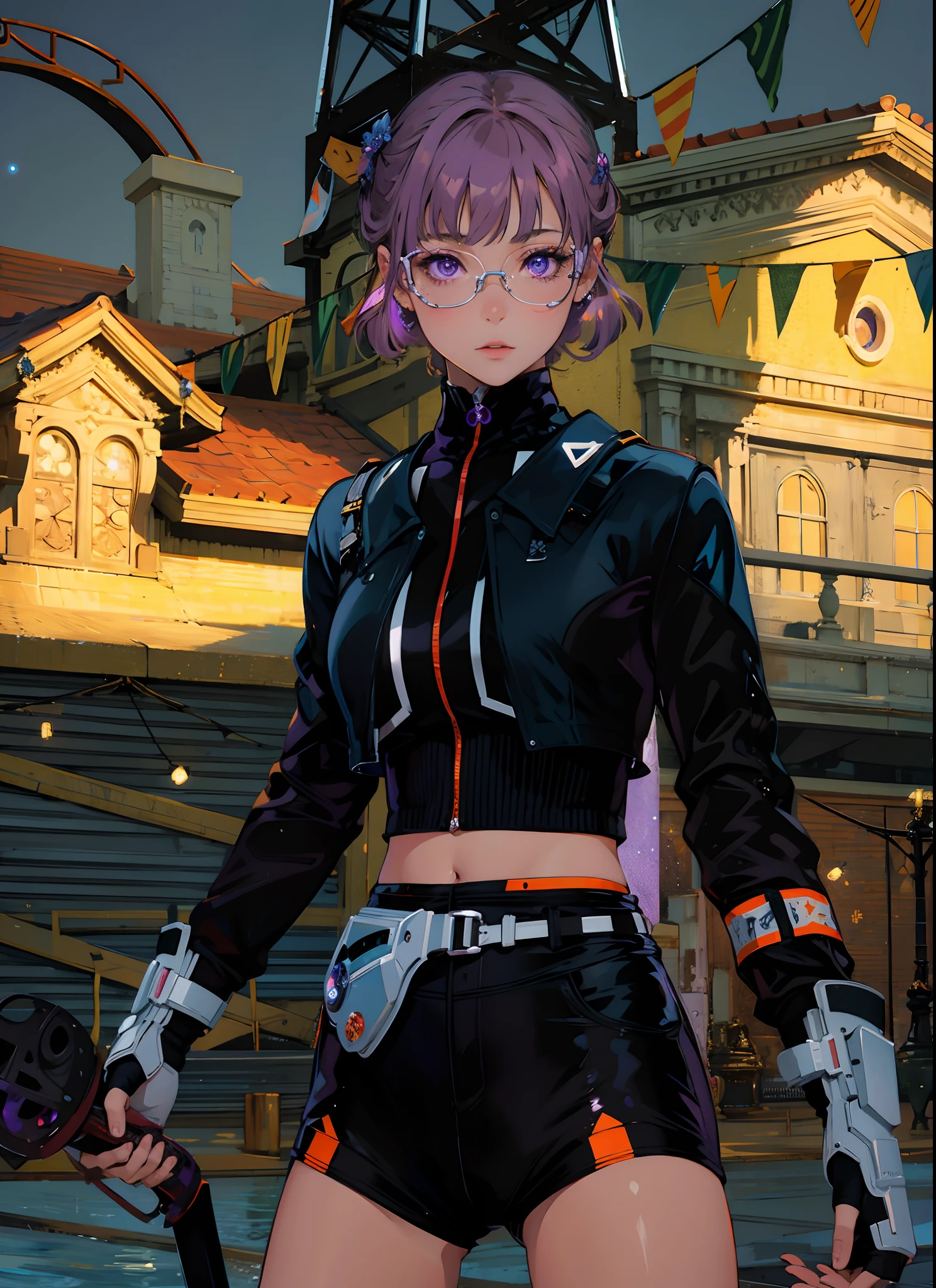 masterpiece, best quality, ultra-detailed, illustration, , , 1girl,solo, image body, flower, looking at viewer, , , purple eyes, jewel-like eyes, extremely detailed eyes, extremely detailed face,, , star (sky), constellation, purple energy, railing, meteor