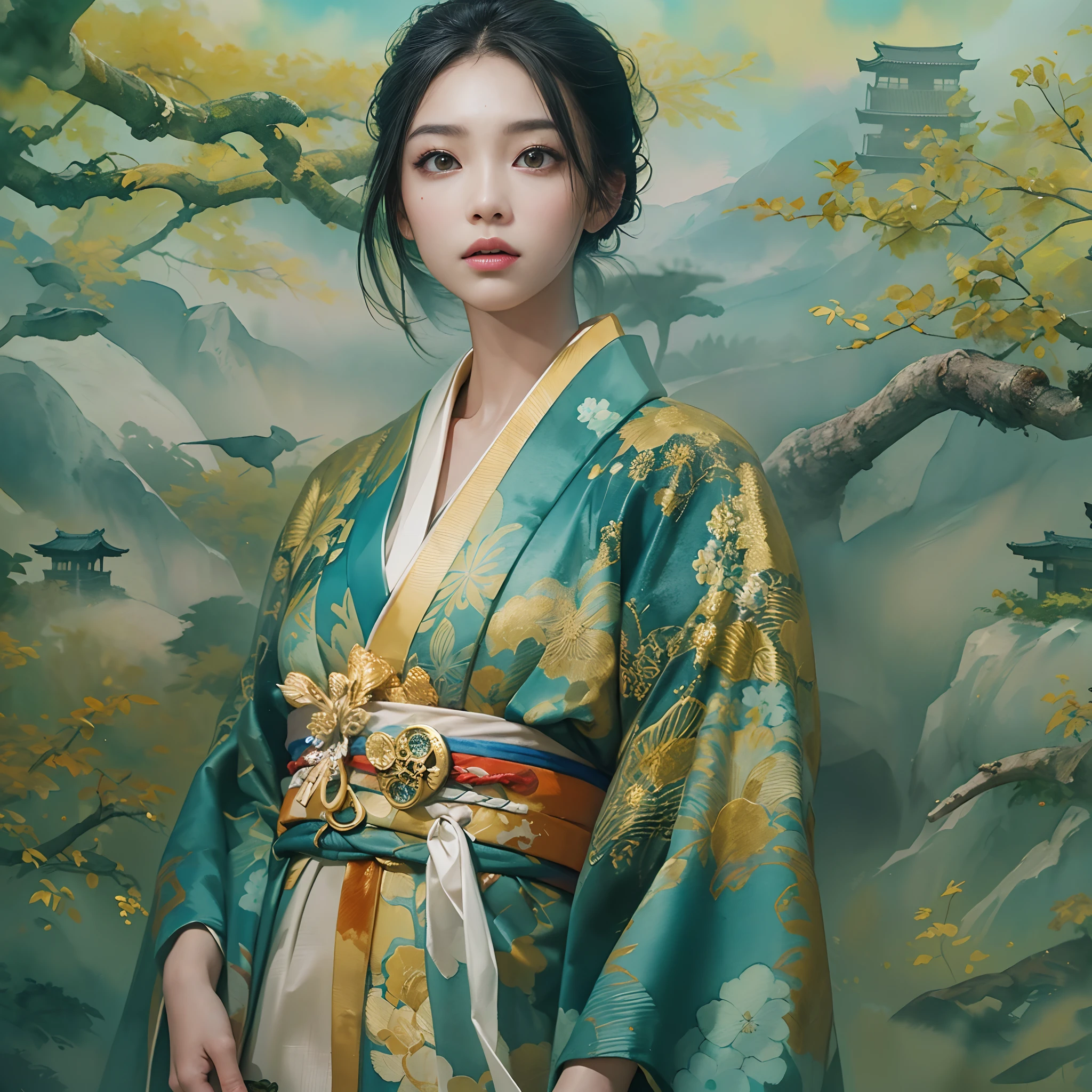 watching at viewers、Background with((The ancient capital of Japan:1.2)And the moon、((dense background))、(Colorful:0.8),,(Solo:1.2), (Ink splashing),(splashes of colour),((watercolor paiting))),BREAK {{{Luxury kimono(Colorful kimono(Detailed golden embroidery,))}}}、face perfect,Depict a beautiful and graceful woman of Japan。(poneyTail:1.5)、Woman with shiny black hair、perfect hand、Heart in the eye。full body Esbian。 Wallpaper 8K, .Blur the background with a sickle,((masutepiece)), ((Best Quality)),epicd(Lige Fries Photography、sony a7、50 millimeters、pores:1.5、Farbe、ultra-detailliert:1.5、film grains:1.4、hyper realisitic:1.5)、octan render、 ultra realistic lifelike textures、masterpiece、unrealengine5、the Extremely Detailed CG Unity 8K Wallpapers、Madly detailed photo、Ultra-realistic light、(Pulitzer Prize for Best Photography、Taylor Wessing Award for Best Photography)