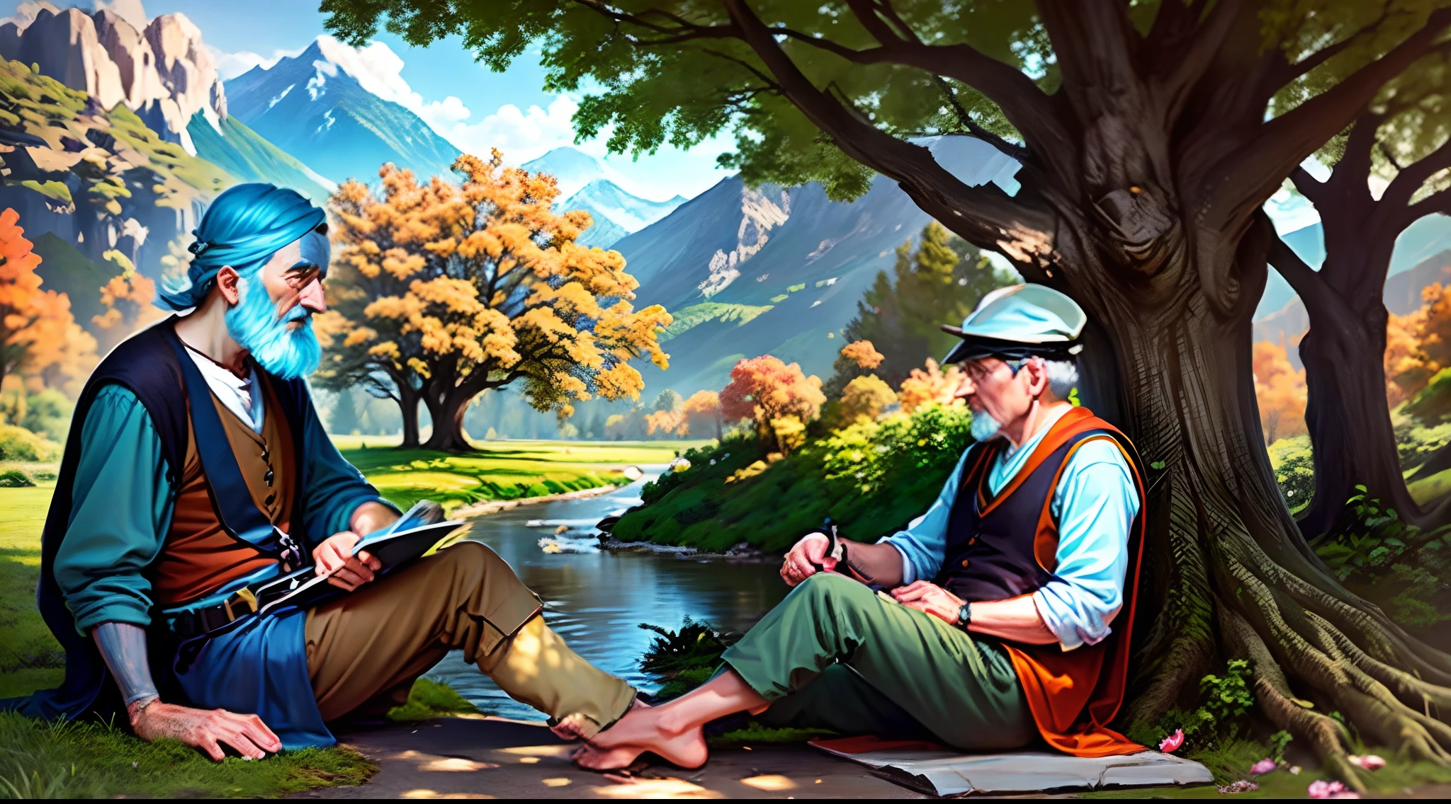 An old wise man and a two years young boy  sitting under oak tree,focus on centre ,wall clock attach on oak tree,background mountain,forest,river,nature,8 k,oil painting
