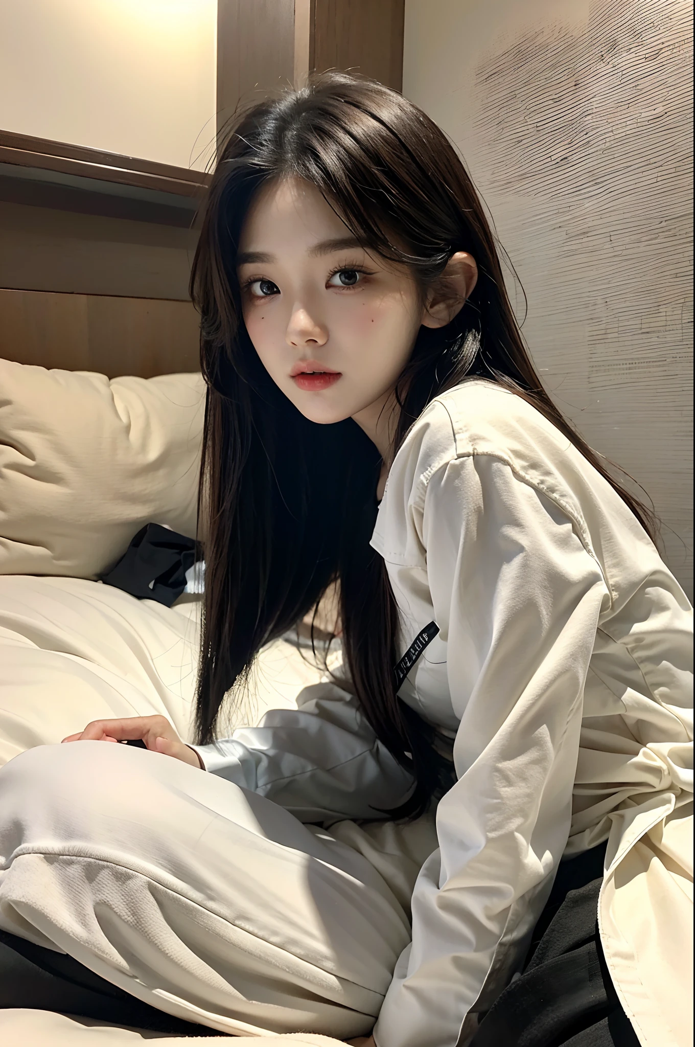 A 21-year-old Japanese woman fighting illness in her hospital room.,Looks weak。white pajamas、luxurious special room、Private room、A face that looks like it's about to cry