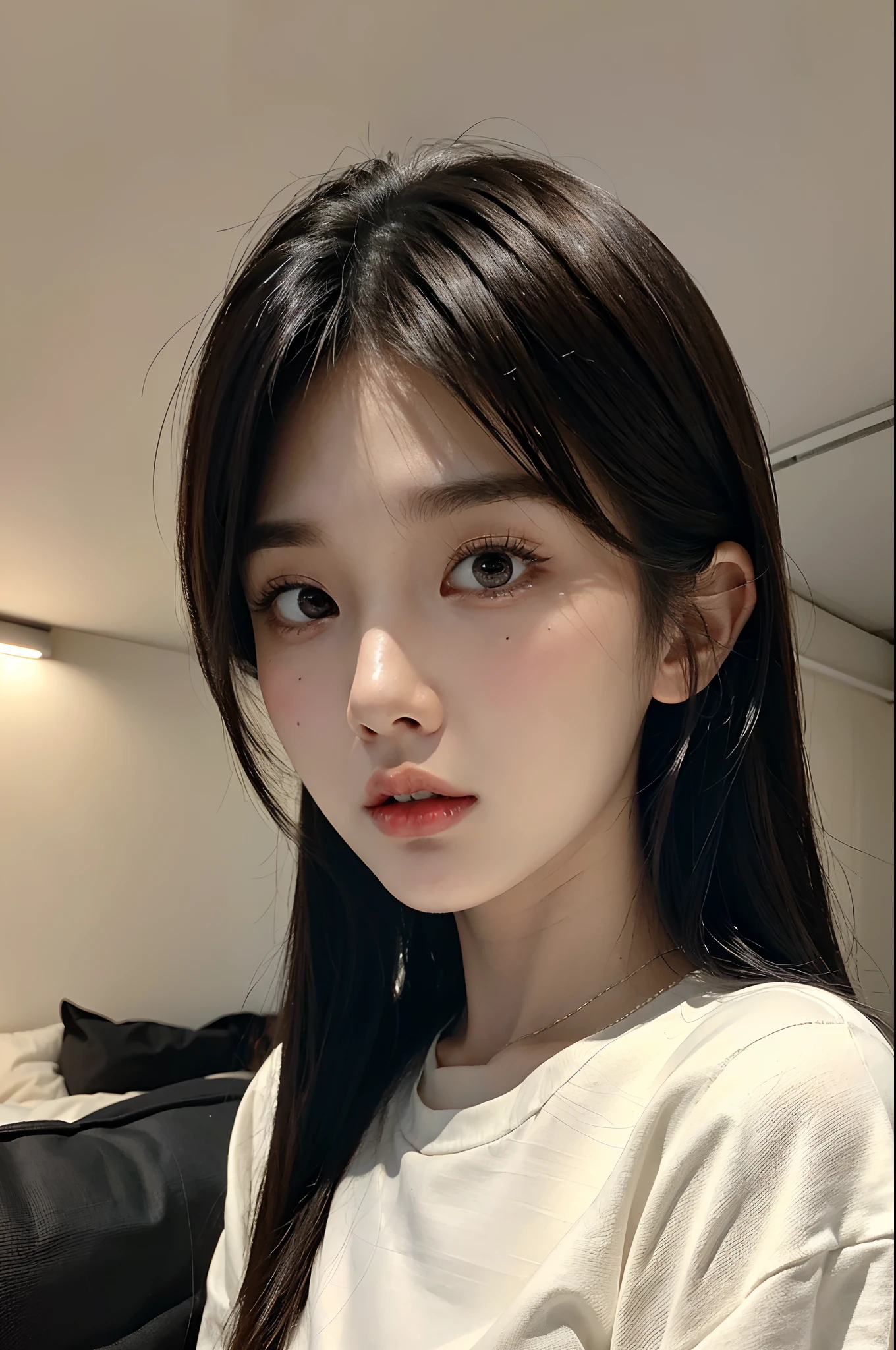 masterpiece、top-quality)、1 beutiful girl、Slim body、((Black and white plain clothes:1.1))、(Detailed beautiful eyes)、Shot in a dark bedroom、((Boyish Brown Medium Hair))、((Smaller face))、((Neutral face))、((Face seen from the side))、((Light brown eyes))、((Korean Girl))、((18year old))、((cool lady))、((Embarrassed expression))、((Korean Makeup))、((elongated and sharp eyes))、((Happy House Date))、((looking distantly))、((boyish))、((The lights are dim))、((Sleep on a futon))
