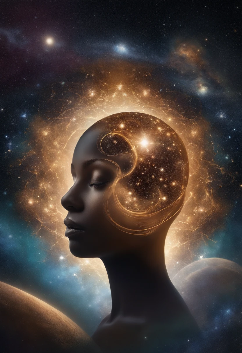 "Cosmic Essence Incarnate: Craft an image that envisions the cosmic as a human being. Picture a figure whose essence is intertwined with the universe, radiating cosmic energy and wonder. Highlight elements like swirling galaxies, stars, and nebulae within their form. Use a celestial color palette that blends deep space hues with ethereal glows. The image should evoke a sense of transcendence and infinite possibility, offering viewers a glimpse of the universe's mysteries embodied in human form. 8K UHD, intricate cosmic details, celestial color palette, and an atmosphere of cosmic wonder."