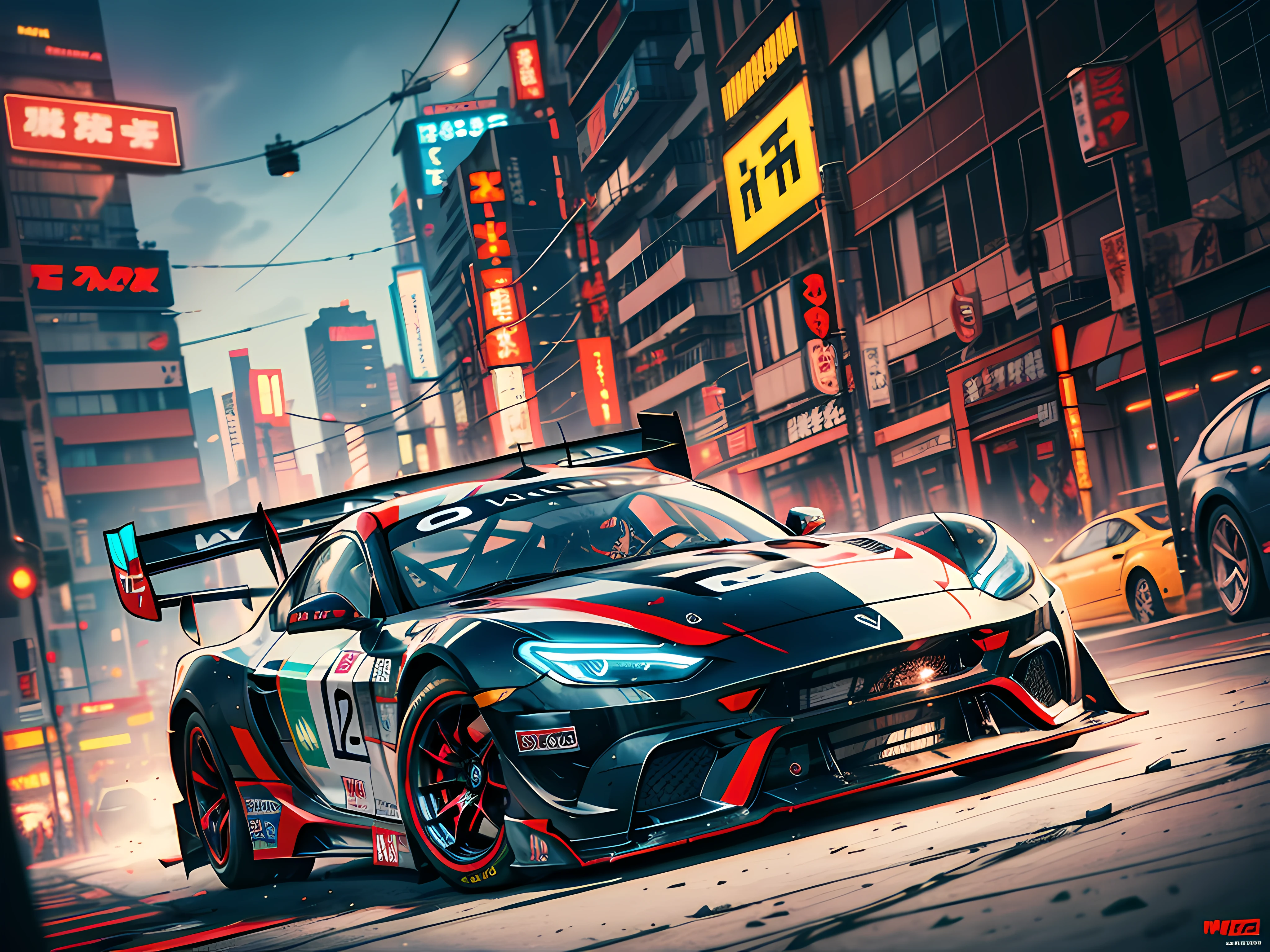 Best quality, masterpiece, ultra high res, Capture the adrenaline-fueled excitement of a sleek, high-performance racing car dripping, red, blue, fires, neon light, dust, full car show, from side, cyberpunk racing car, tokyo cyberpunk night,Detailed,Realistic,4k highly detailed digital art,octane render, bioluminescent, BREAK 8K resolution concept art, realism,by Mappa studios,masterpiece,best quality,official art,illustration,ligne claire,(cool_color),perfect composition,absurdres, fantasy,focused,rule of thirds,