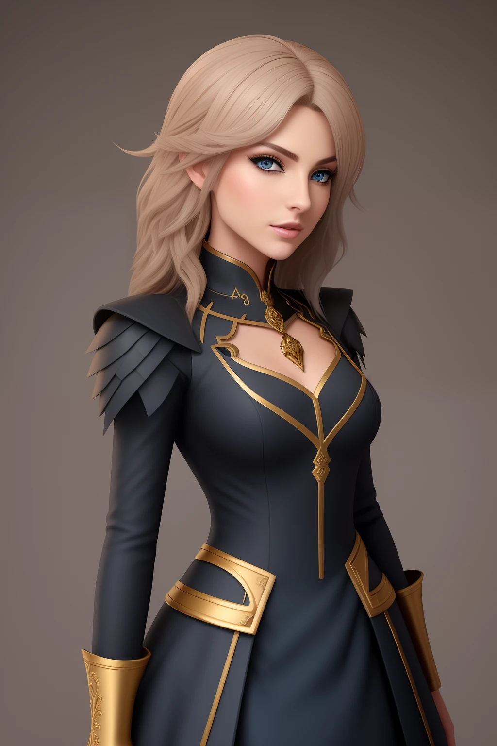 personagem de fantasia. Mulher com cabelo castanho dourado, grey-blue eyes and is wearing a black dress with gold details.