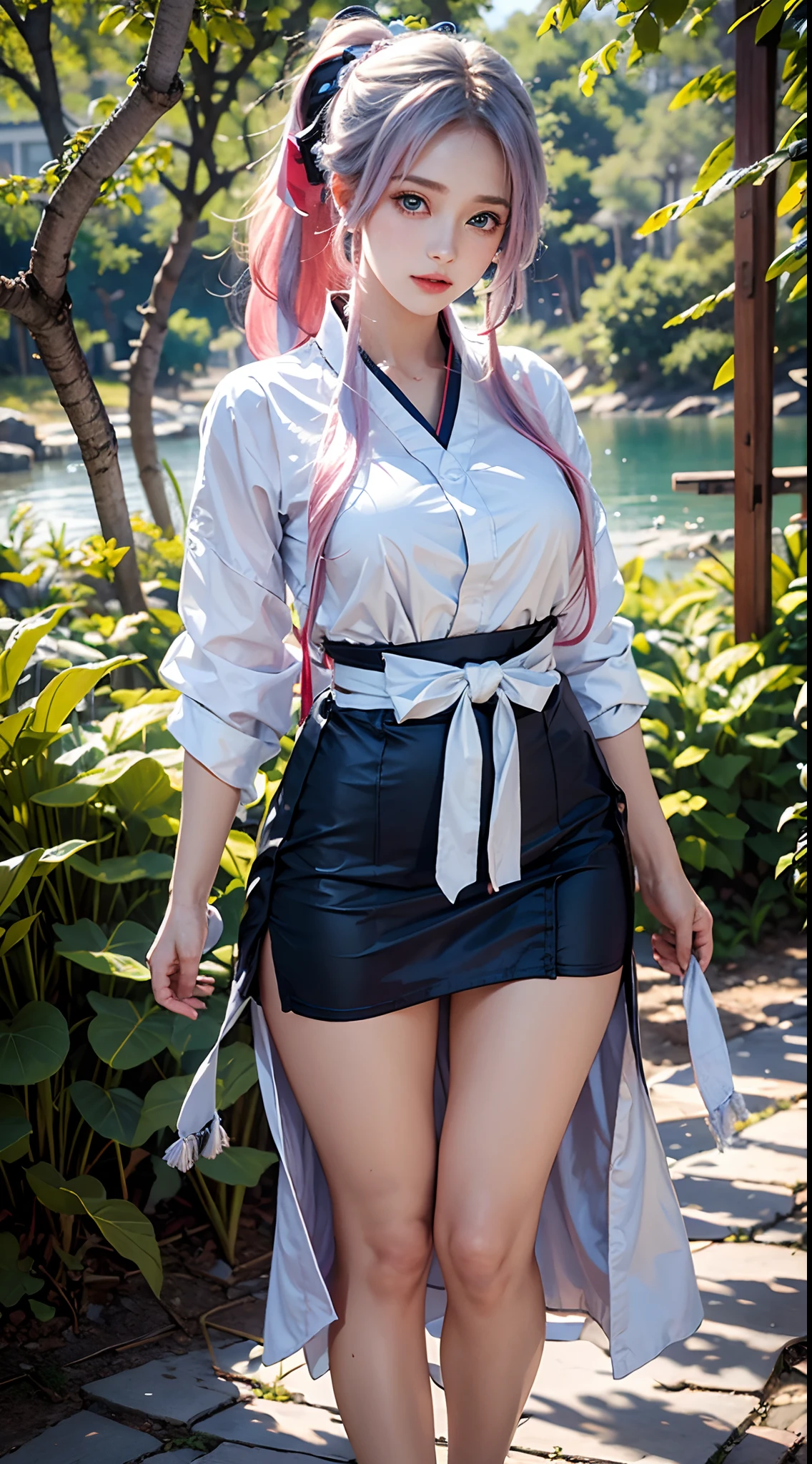 short hair, bangs, blue eyes, hair ornaments, Hair Ribbon, Pink Hair, blunt bangs, Both sides up, butterfly hair ornaments, skirt, No sleeve、、Random color see-through kunoichi costume、Japanese see-through female samurai costume、See-through female ninja costume,, Open clothes, Collared dress emphasizes cleavage、胸の谷間のSweat is noticeable,, 満開のcherry blossoms、cherry blossoms、Open-air bath、Outdoor、Professional lighting light reflection、 looking at viewer, (masterpiece:1.2), Highest quality, High resolution, unity 8k wallpaper, (figure:0.8), (Beautiful fine details:1.6), Highly detailed face, Perfect lighting, Highly detailed CG, (Perfect hands, Perfect Anatomy),heavy rain、heavy rainで全身びしょ濡れ、heavy rainで全身びしょ濡れの服、High heels、 ((Perfect handsの形))、(Perfect foot shape、Embarrassed expression blushing、、Gestures to seduce a man、Obscene pose、Shining Sweat、Perfect Skin,Sweat is noticeable、太もものSweat is noticeable、、 Fair skin,Tight waist, Sweating profusely、Sweaty hair、Sweaty clothes、Sweaty、Visible sweat、rain-wet hair