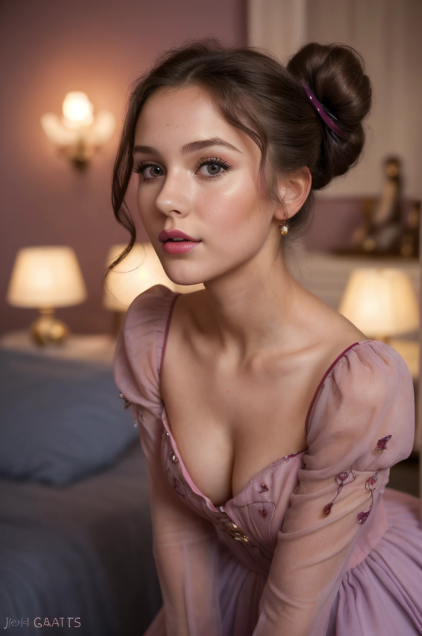 candid photo of a cute young woman ((Joana Gates)) , 25 years, extremely detailed eyes, beautiful face, sweet pink lips, detailed natural skin with pores,  ((gorgeous dress 1.5)), with bun hair  masterpiece, award winning photography, lighting, perfect composition, high detail, hyper realistic, dramatic lighting, epic, Burgundy and dark_blue colors