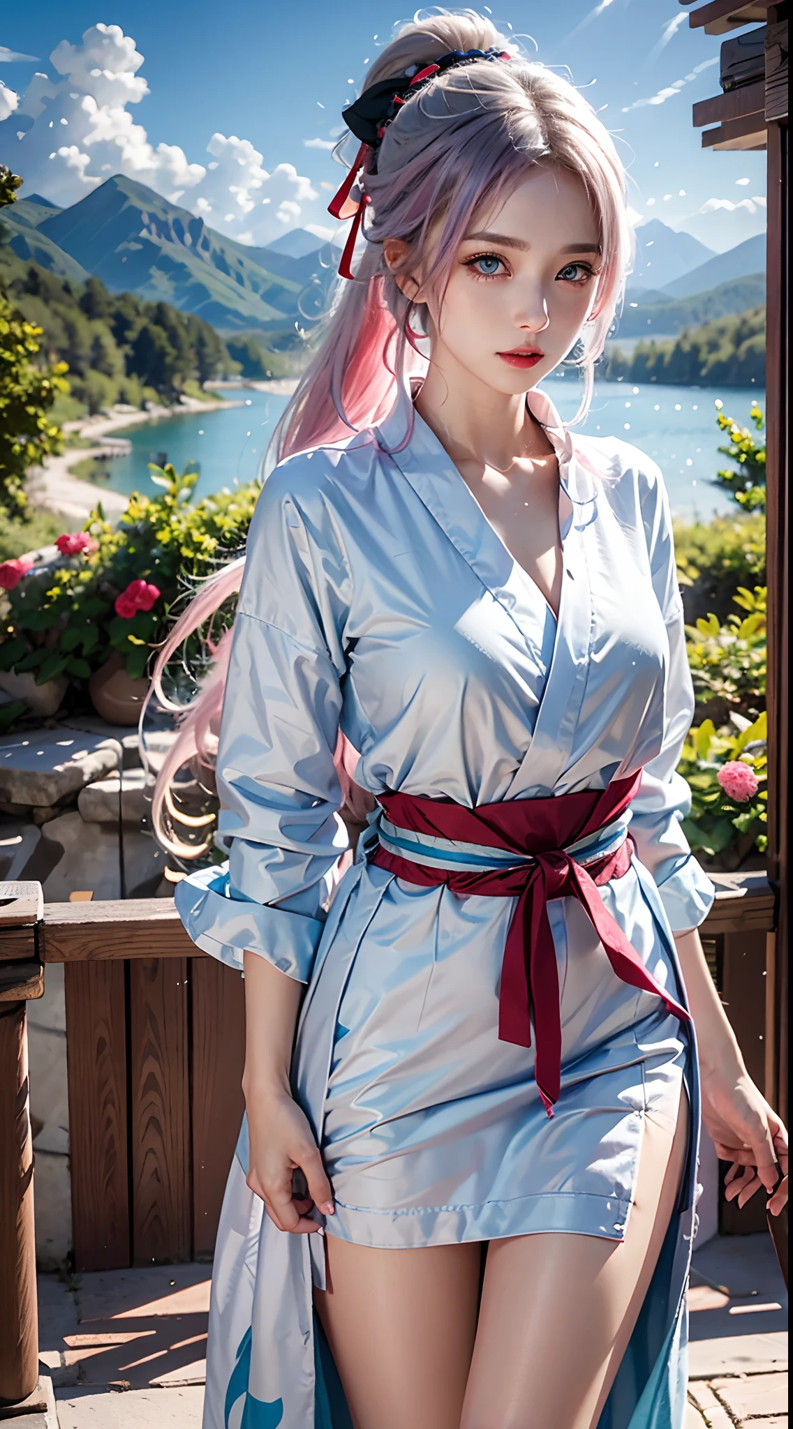 beautiful woman,folk girl,long, White hair and blue eyes,ฉันมีเปียlongทางด้านขวา.,She wears a blue Thai dress.,กระโปรงไทยโบราณlong,holding a jasmine garland,countryside,countryside,beautiful scenery,European Middle Ages,smile with teeth,forehead,forehead exposed,big ,rift, ,(2 young women ,beautiful woman),หน้าอกbig,Show your breasts,The cracks are clear....,((หัวนมbig)),(pubic bone), rift, visible chest,seductive pose,I see bulging nipples.,(((areolae ขนาดbig:1.4,pink,The nipples are clearly visible.......))),(Separate outfit showing nipples:1.4), (semi-naked:1.8)