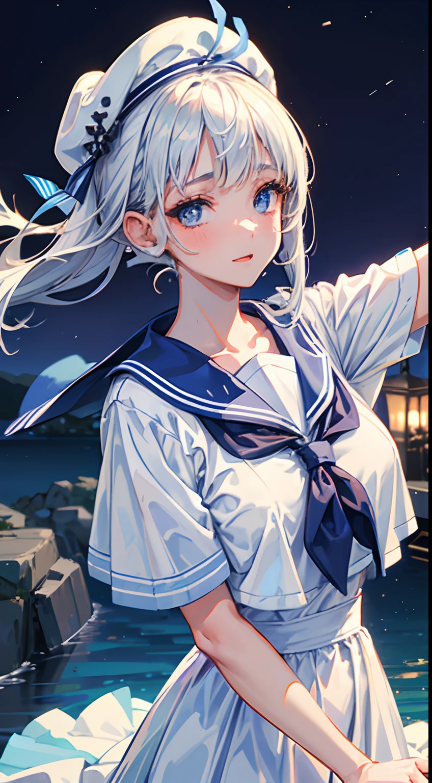 (masterpiece), best quality, expressive eyes, perfect face, a marine girl, navy costume, inside, leaning on a wood wall, sailor clothes, sailor collar, white shirt, (blue cap), (white hair), short hair, ((blue eyes, glowing eyes, night)), cropped shirt, defined abdomen, sensual, summer night, warm colors, back light, peaceful, peace, beautiful girl, beautiful eyes, stunning eyes, feminene, defined curves, white skirt, asthetic, gorgeous, amazing, cute girl, embarassed, (blushing, intimate), good vibes, full moon in the sky, bokeh, BREAK she is wearing a sailor clothes, she is using white shirt , she is wearing a blue cap, she is happy, is night, summer, the image transmit a peaceful feeling, the image pass happy emotions, beautiful asthetic, the image has a perfect light and cool colors