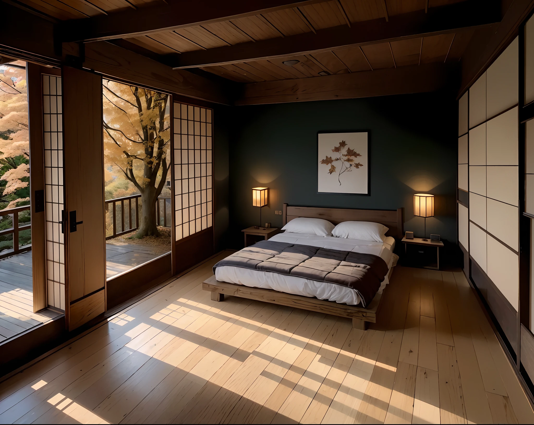 hight resolution、imagination、(realisticlying)、nohuman、Old-fashioned Japanese-style room、wooden plank floor、Between planks、Dark indoor、Stylish Japanese style、Dark indoor、Autumn leaves outside the small window、No humans、(nffsw:1.5)intricate detailes、