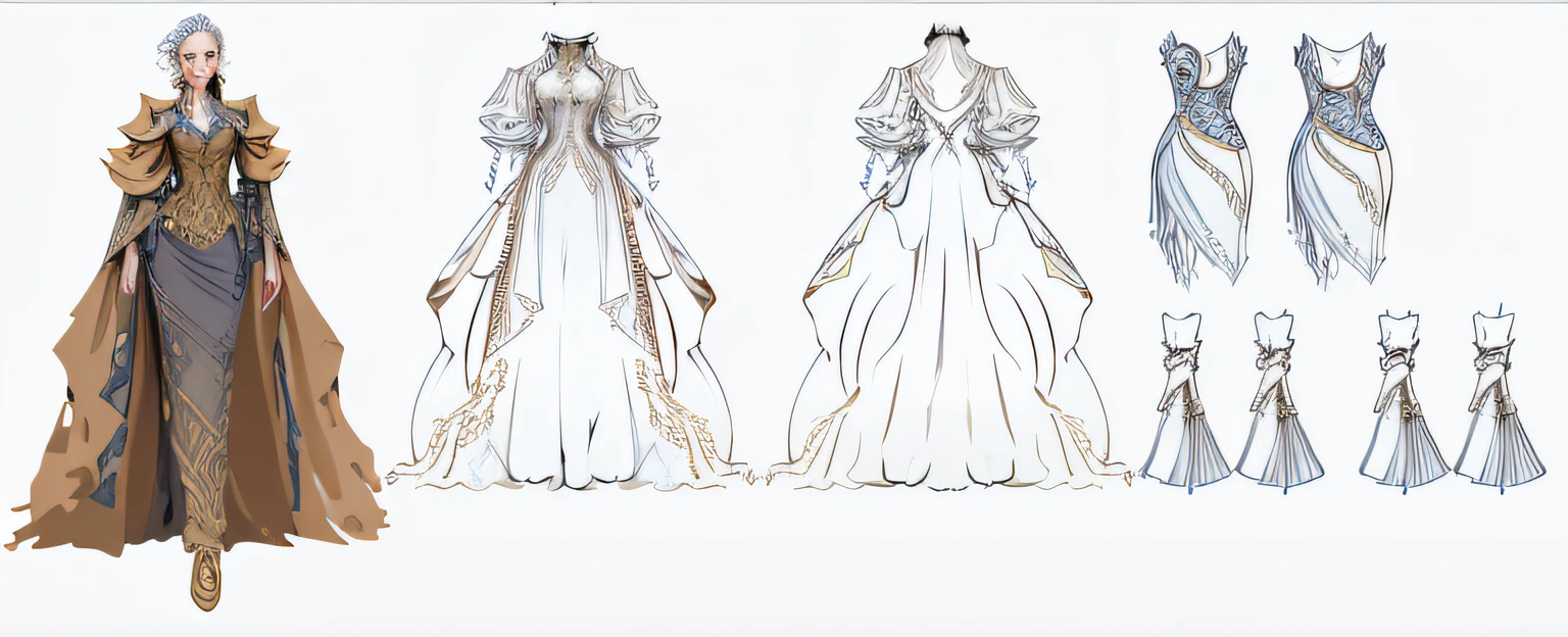 Sketch of a woman in a long dress and coat, clothing design, intricate costume design, clear outfit design, Robes! Intricate, clothing concept, Intricate fantasy robes, Robe. extremly high detail, detailed full-body concept, ornate flowing robes, clothing design, intricate robes, new costume concept design, costume design made with love, full body concept, costume desig, Flowing robes
