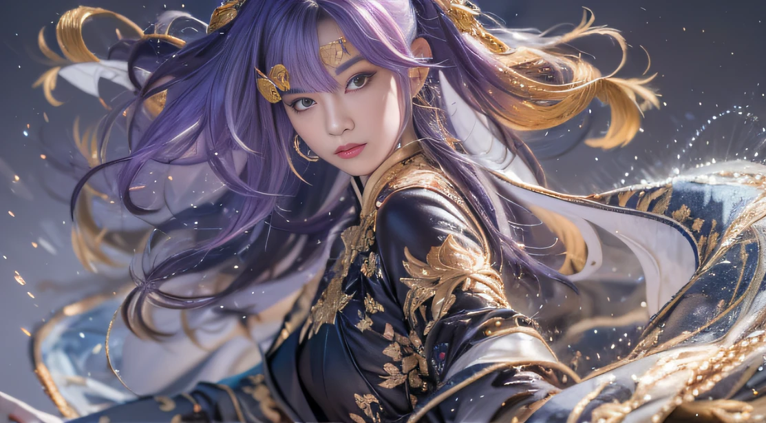 32K(tmasterpiece,k hd,hyper HD,32K)Long flowing bright purple hair,Autumn Pond,zydink, a color, Asian people (Playful girl), (Silk scarf), Combat posture, looking at the ground, long whitr hair, Floating bright purple, Fire cloud pattern gold tiara, Chinese long-sleeved gold silk garment, (abstract ink splash:1.2), smoky background,Lotus protector(realisticlying:1.4),Bright purple hair,Smoke on the road,The background is pure, A high resolution, the detail, RAW photogr, Sharp Re, Nikon D850 Film Stock Photo by Jefferies Lee 4 Kodak Portra 400 Camera F1.6 shots, Rich colors, ultra-realistic vivid textures, Dramatic lighting, Unreal Engine Art Station Trend, cinestir 800,Long flowing bright purple hair