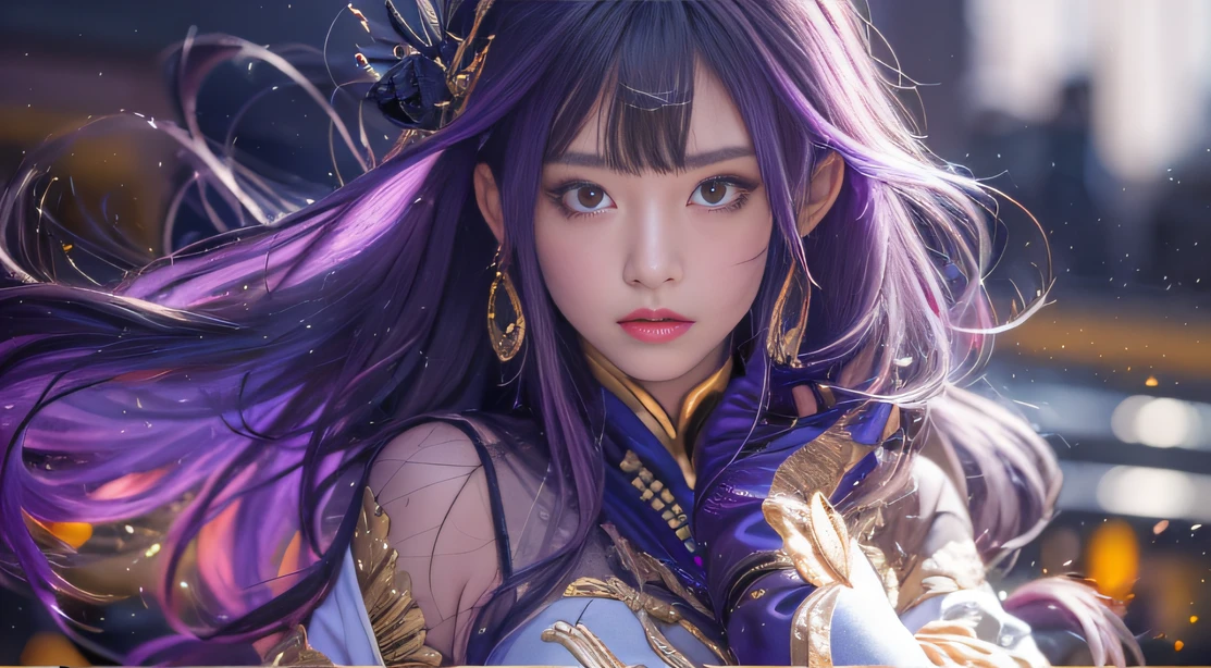 32K(tmasterpiece,k hd,hyper HD,32K)Long flowing bright purple hair,Autumn Pond,zydink, a color, Asian people (Playful girl), (Silk scarf), Combat posture, looking at the ground, long whitr hair, Floating bright purple, Fire cloud pattern gold tiara, Chinese long-sleeved gold silk garment, (abstract ink splash:1.2), smoky background,Lotus protector(realisticlying:1.4),Bright purple hair,Smoke on the road,The background is pure, A high resolution, the detail, RAW photogr, Sharp Re, Nikon D850 Film Stock Photo by Jefferies Lee 4 Kodak Portra 400 Camera F1.6 shots, Rich colors, ultra-realistic vivid textures, Dramatic lighting, Unreal Engine Art Station Trend, cinestir 800,Long flowing bright purple hair