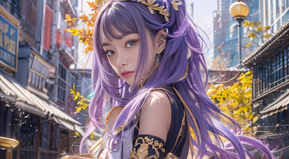 32K(tmasterpiece,k hd,hyper HD,32K)Long flowing bright purple hair,Autumn Pond,zydink, a color, Asian people (Playful girl), (Silk scarf), Combat posture, looking at the ground, long whitr hair, Floating bright purple, Fire cloud pattern gold tiara, Chinese long-sleeved gold silk garment, (abstract ink splash:1.2), smoky background,Lotus protector(realisticlying:1.4),Bright purple hair,Smoke on the road,The background is pure, A high resolution, the detail, RAW photogr, Sharp Re, Nikon D850 Film Stock Photo by Jefferies Lee 4 Kodak Portra 400 Camera F1.6 shots, Rich colors, ultra-realistic vivid textures, Dramatic lighting, Unreal Engine Art Station Trend, cinestir 800,Long flowing bright purple hair
