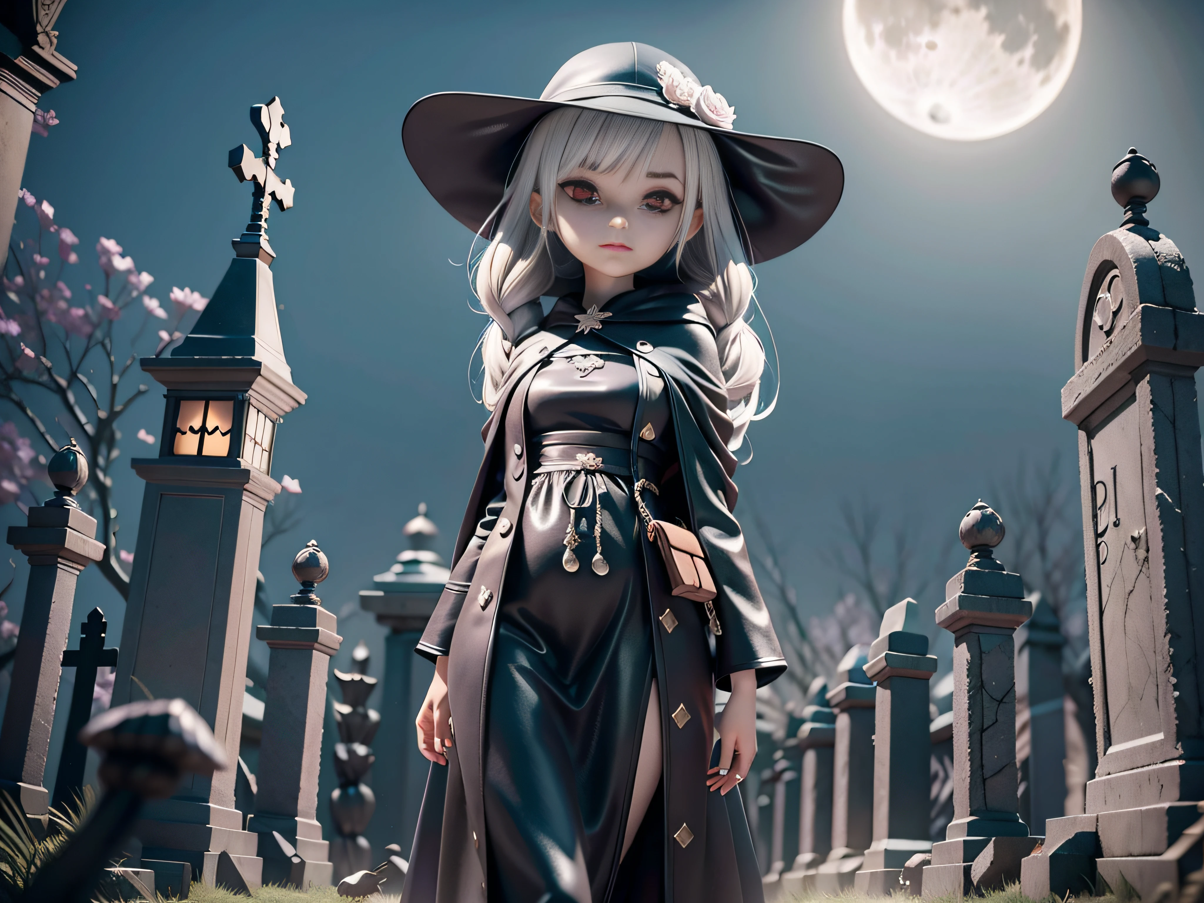 A character in a robe an cloak of black snakes, female zombie mini girl, walking through a graveyard, full moon at night, stark, evil, dark, and creepy atmosphere, animation style rendering, small characters. Unreal Engine 5, stylized anime, cute detailed digital art, Atey Ghailan 8 K, stylized 3D rendering, surreal rendering, anime style 3D
