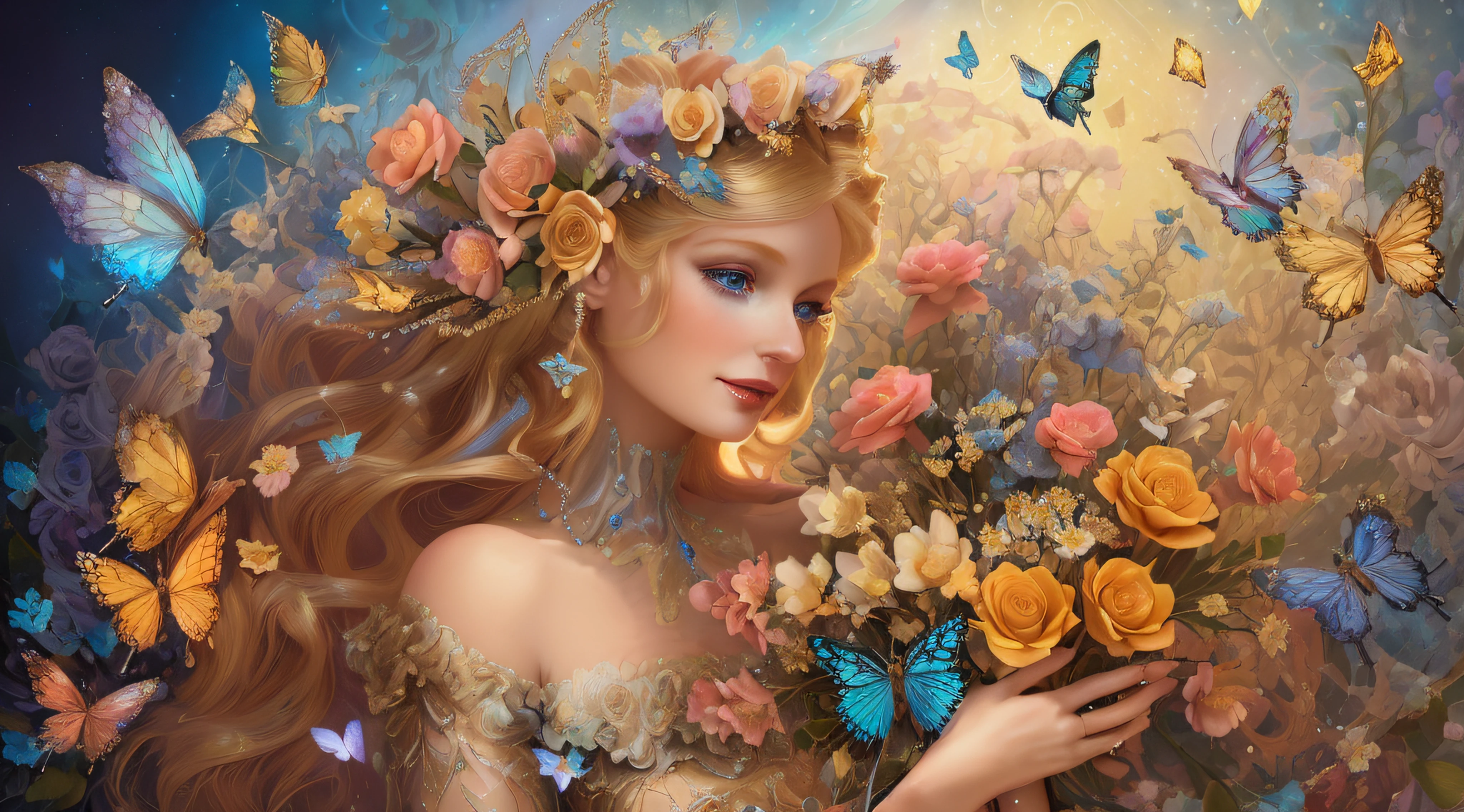 Diosa de las flores , georgeus lady, blonde, happy expression!!!!, inocent, sweet , porcelain white skin,romantic, adorable, blue eyes, perfect face, perfect hands, wonderful Flores soft multicolor,little butterflies light, iridescent pearls,sweet,Anna Dittmann, Josephine Wall,deslumbrante, poster, 3d ultra 4k,8 render, sparkles, glitter, stars ✨ golden, (((full body)) (((vestido largo de seda brillante bordado con flores muy suaves y piedras de brillantes luminosas ))) , Catherine Abel, masterpiece,